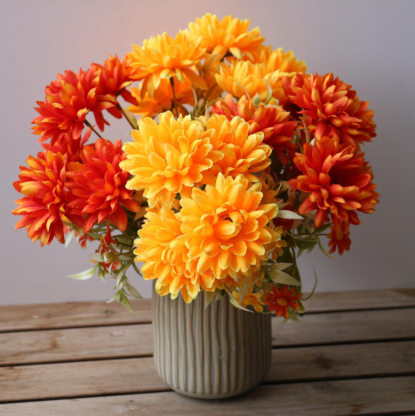 Artificial Fall Flowers for Outdoors Faux Mums Burnt Orange Yellow Marigold O…