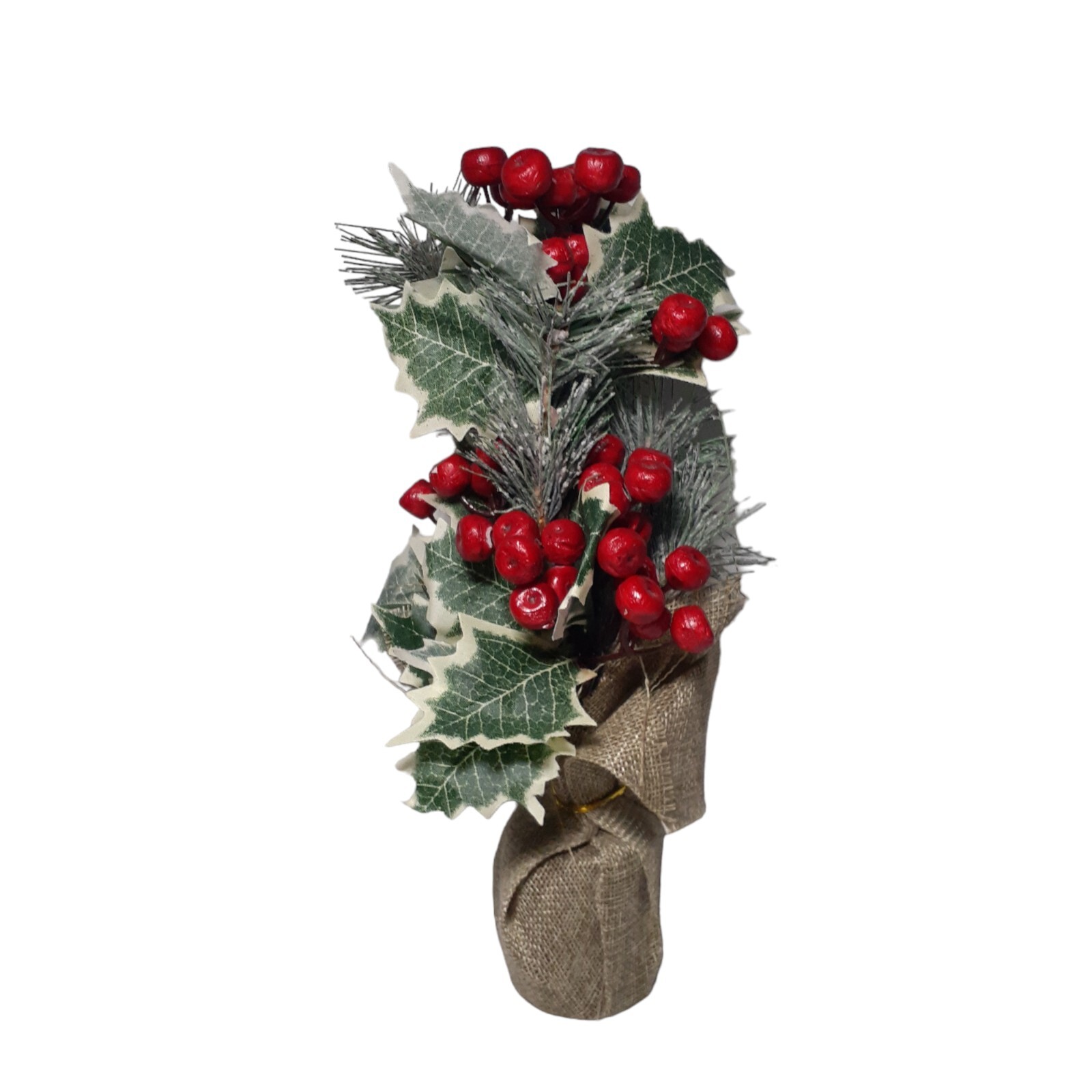Home Decor Plant Artificial Holly Berries Pine Ivy Greenery In Burlap Winter 11″