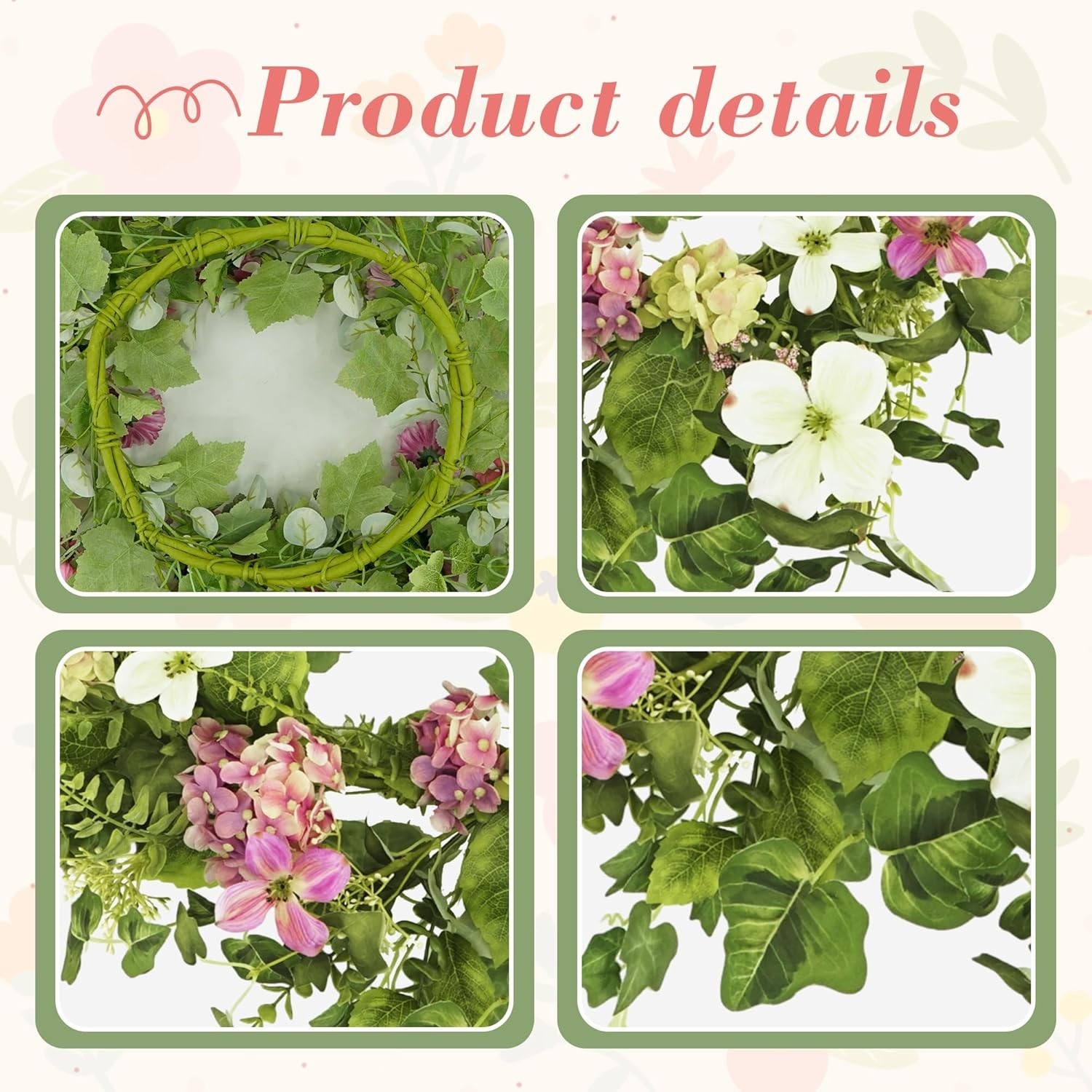 Spring Summer Wreath 20″ Pink Hydrangea Eucalyptus Leaves Home Decor