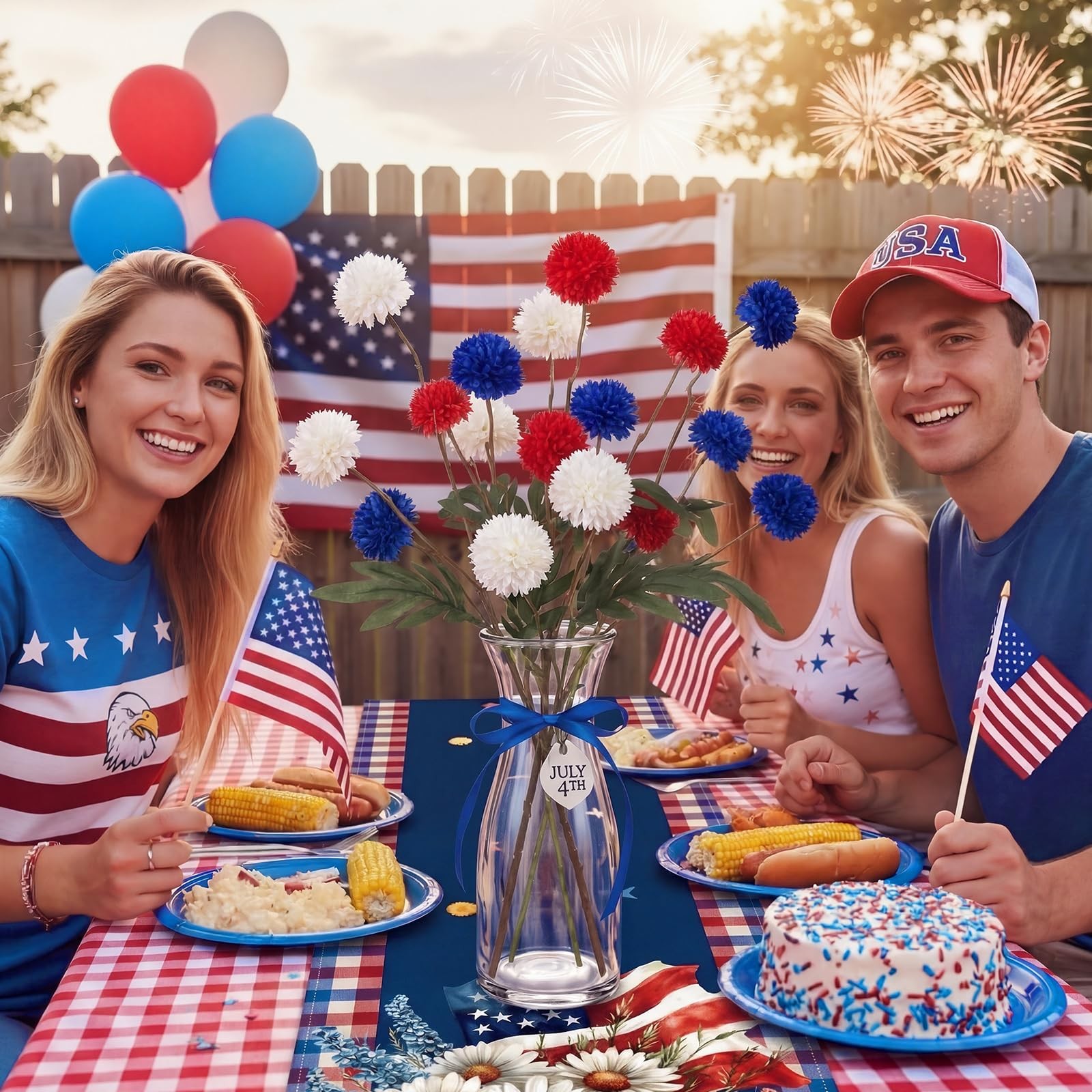 24 Bundles 4th of July Red Blue White Artificial Flowers for Outdoor Patrioti…