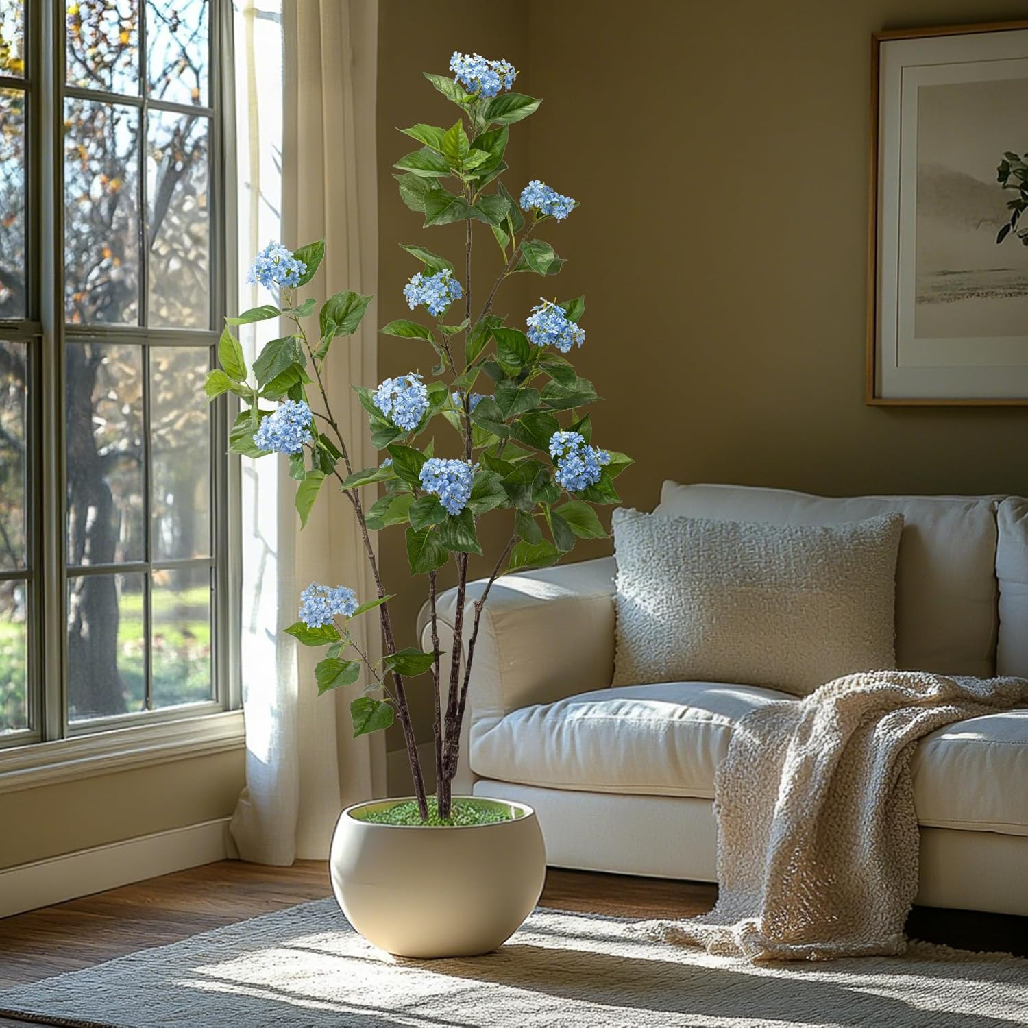 6Ft Blue Fiddle Leaf Fig Tree – Artificial Indoor/Outdoor Hydrangea Decor