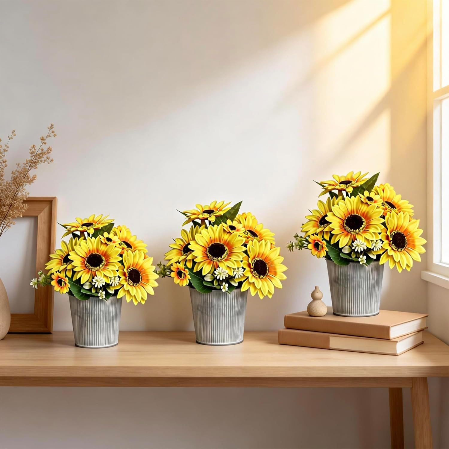 3-Pack Artificial Sunflower Arrangement in Galvanized Metal Pot, Faux Sunflower