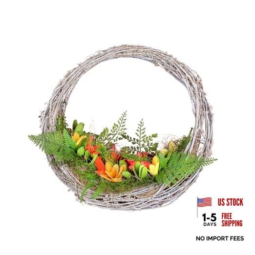 15 inch Spring Wreath with Multi Floral Colorful Wood Flowers and Mossy