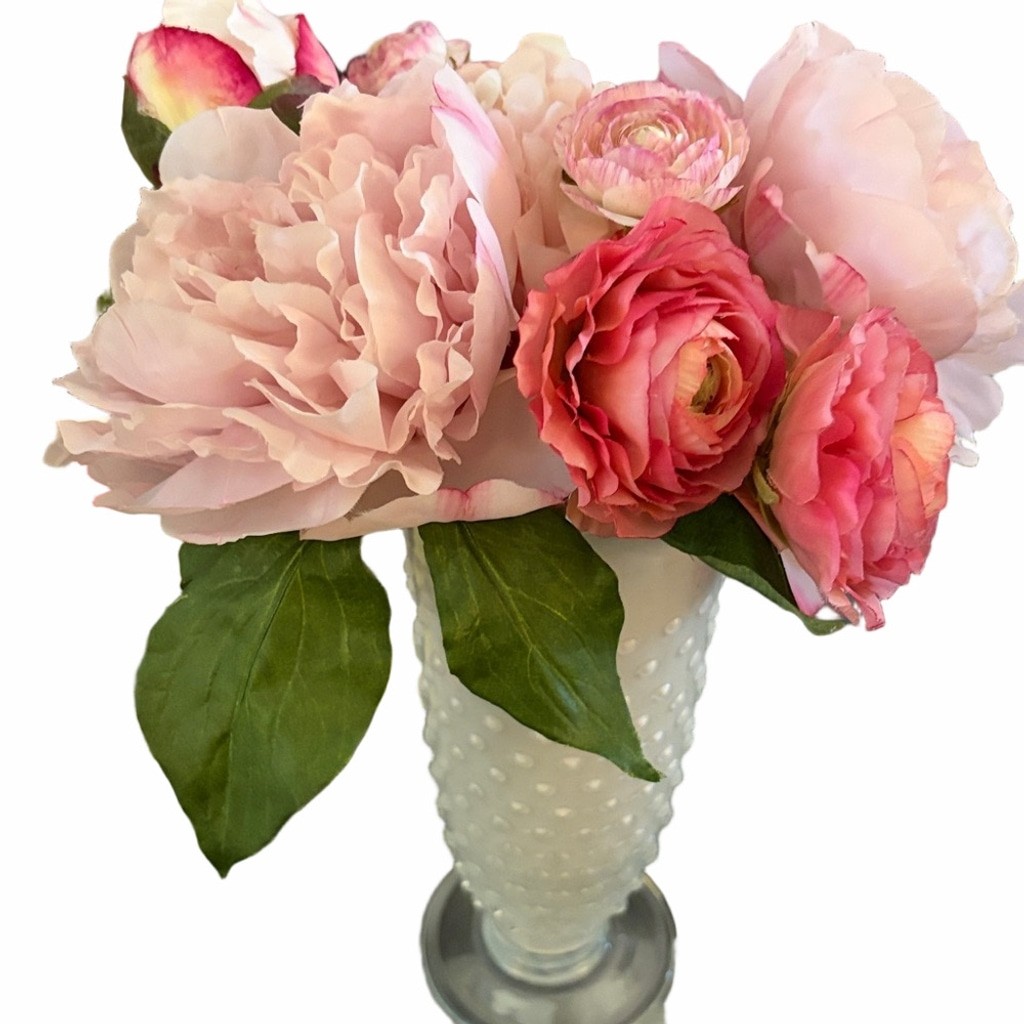Shabby chic Vintage Glass hobnail vase ruffled edge WITH pink peony arrangement.