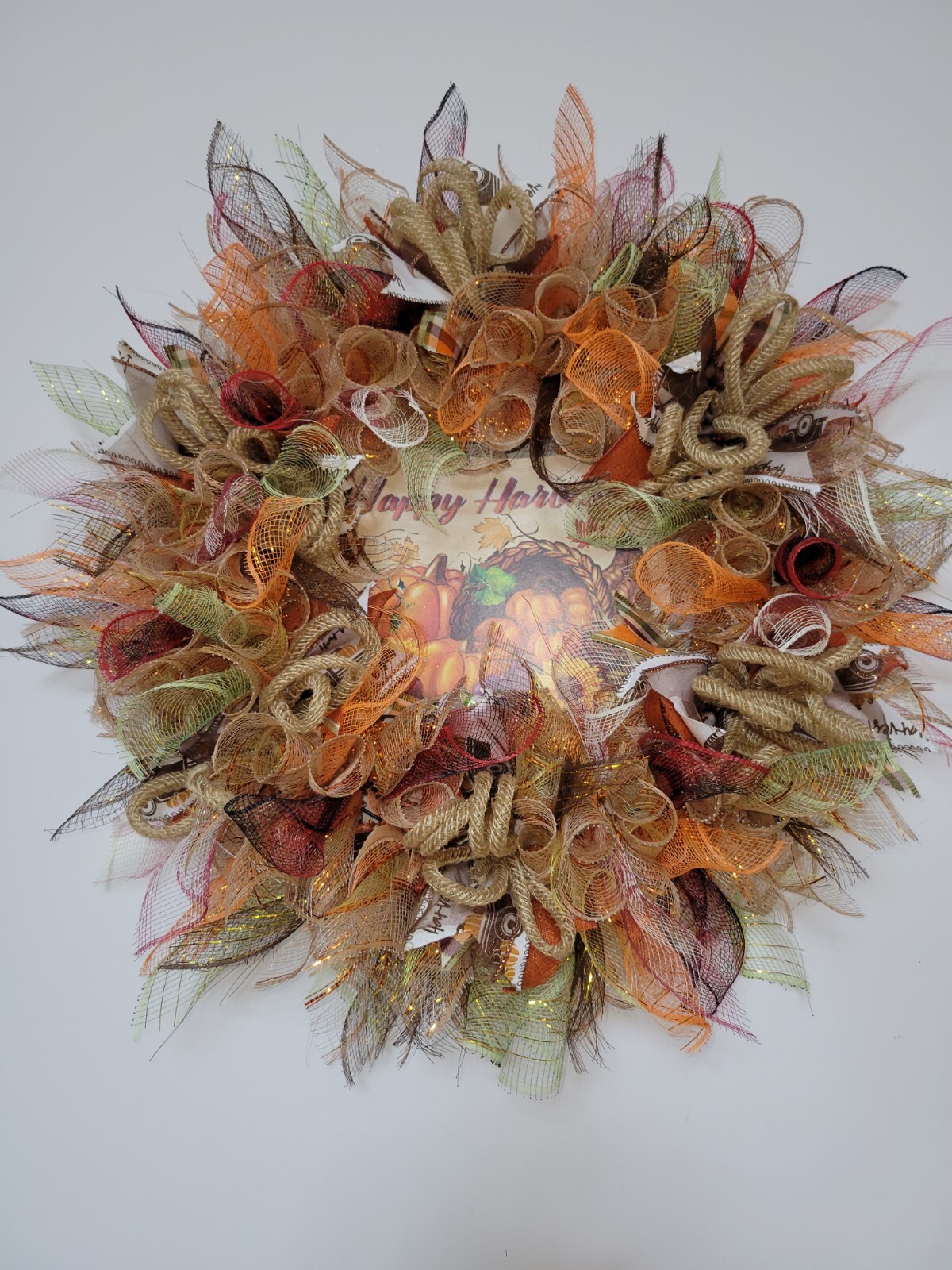 HAPPY HARVEST autumn Spring Mesh Front Door Wreath Wall Decor Bright colors