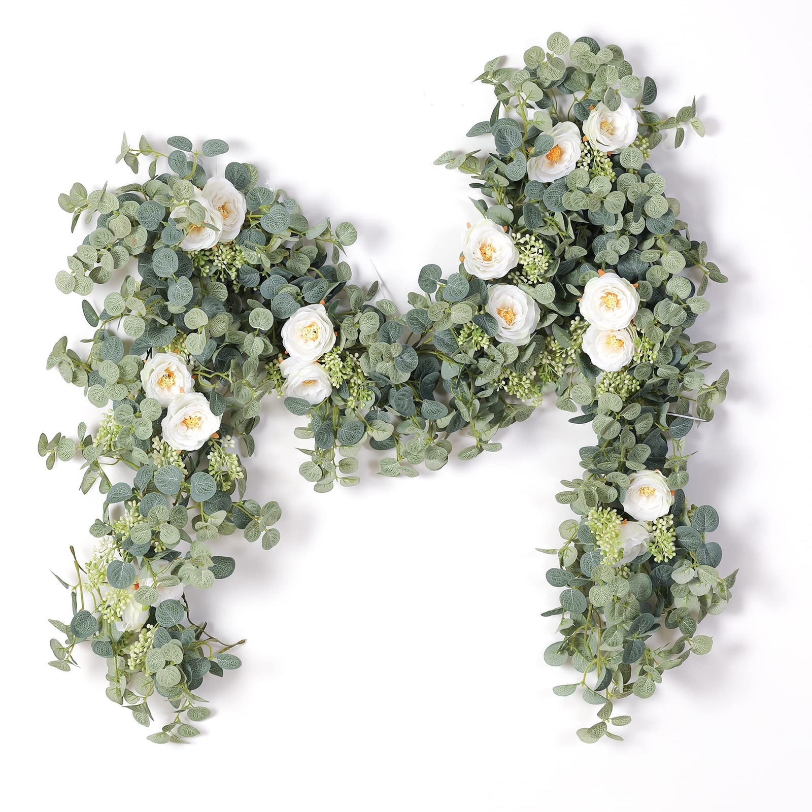 PARTY JOY 6.56ft Eucalyptus Garland with Flowers-8 White Roses, Artificial Fa…