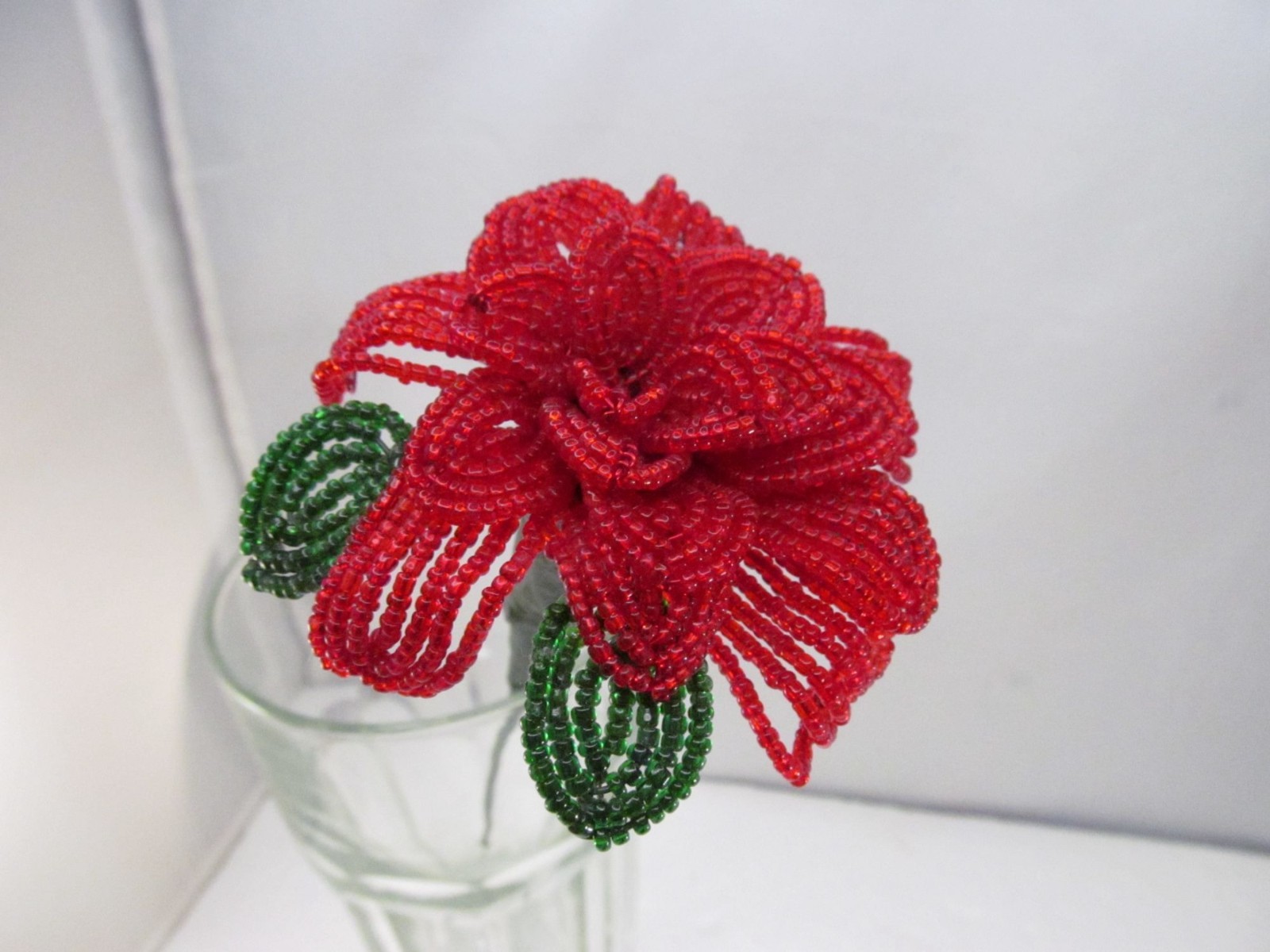 Handcrafted Red & Green French Beaded Flower with Stem Home Decor Gift 11 inch
