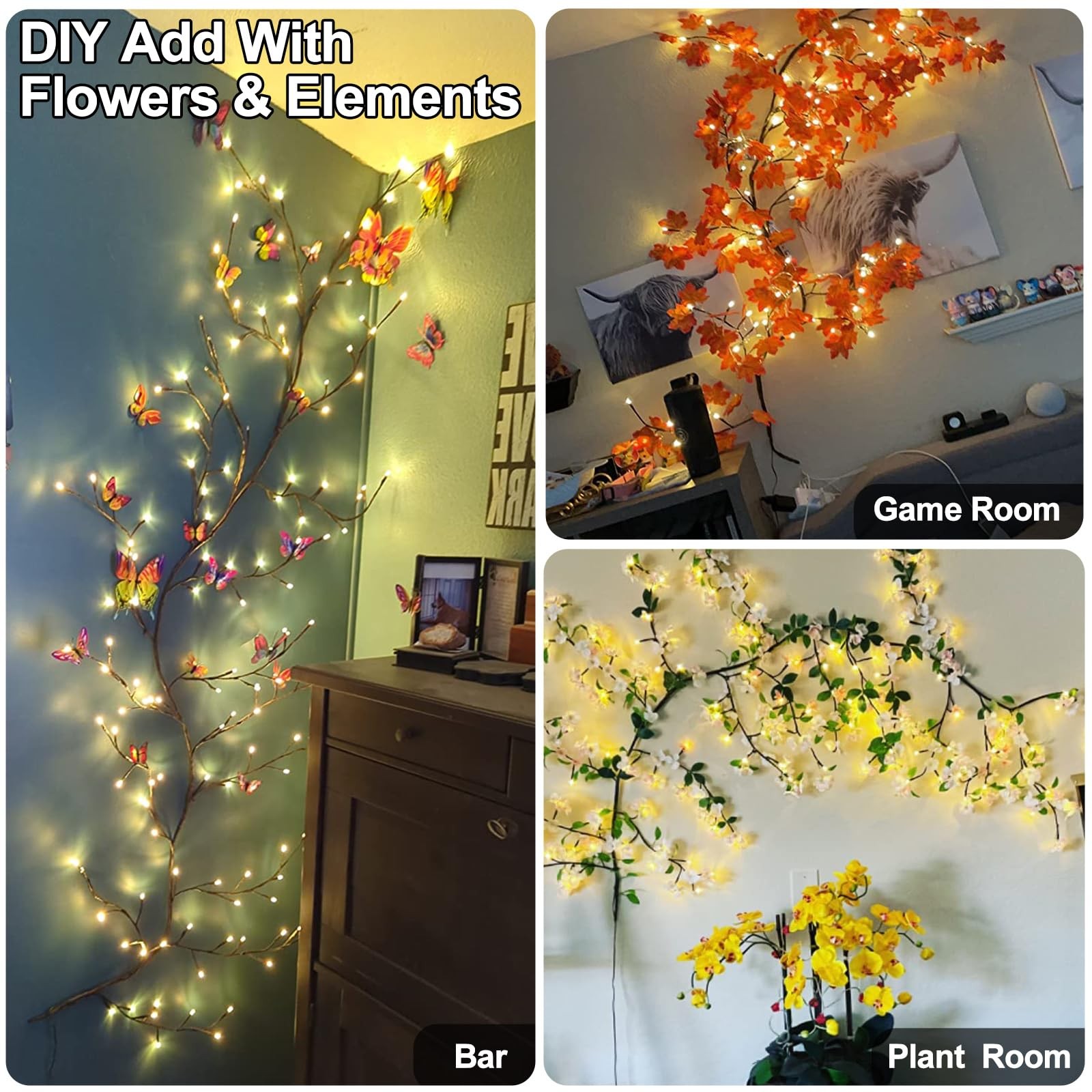 Lighted Willow Vine Lights 7.5Ft 144 LED Remote Christmas Swags Wall Decor