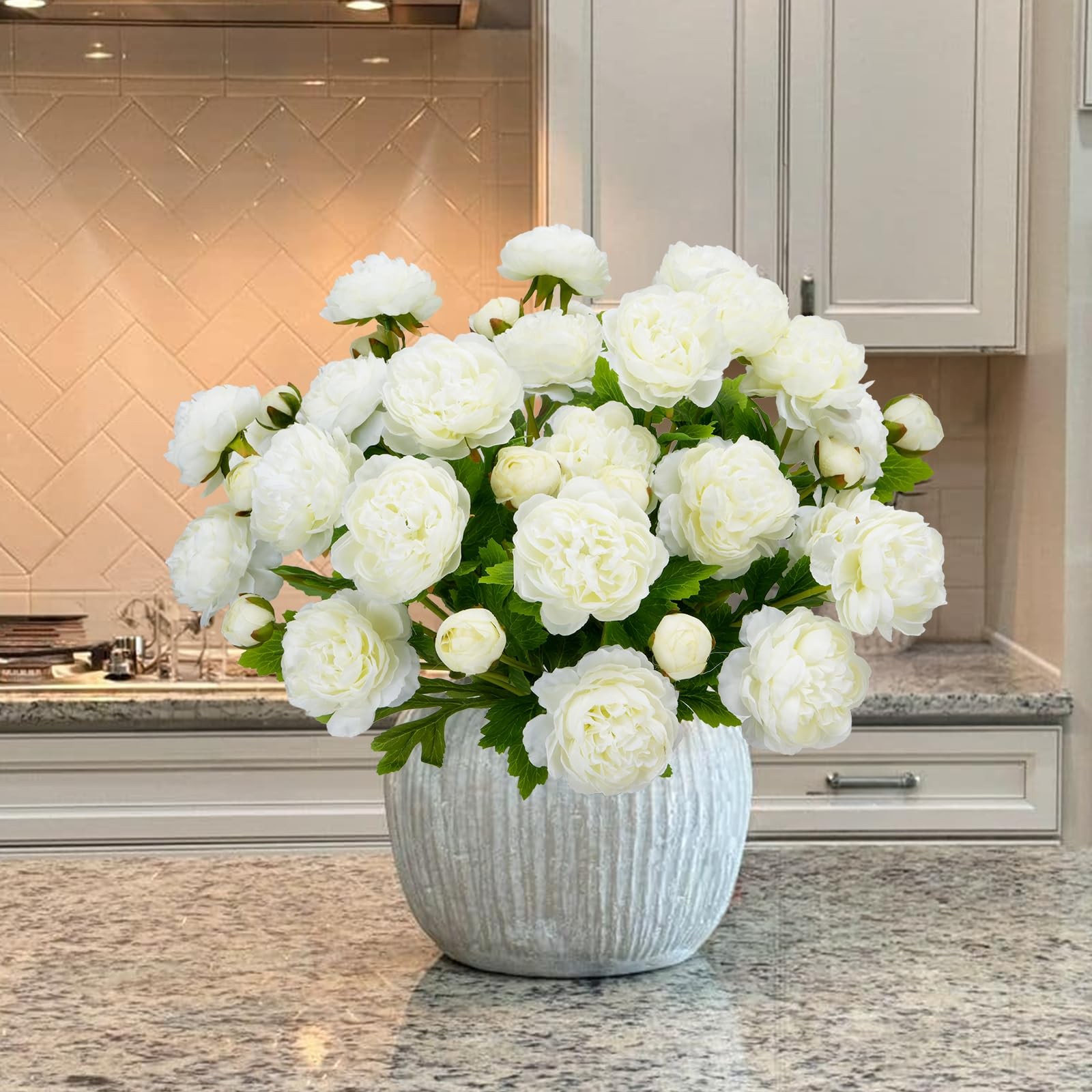 12PCS Ranunculus Artificial Flowers, Faux Flowers for Vase, White, 19.6”