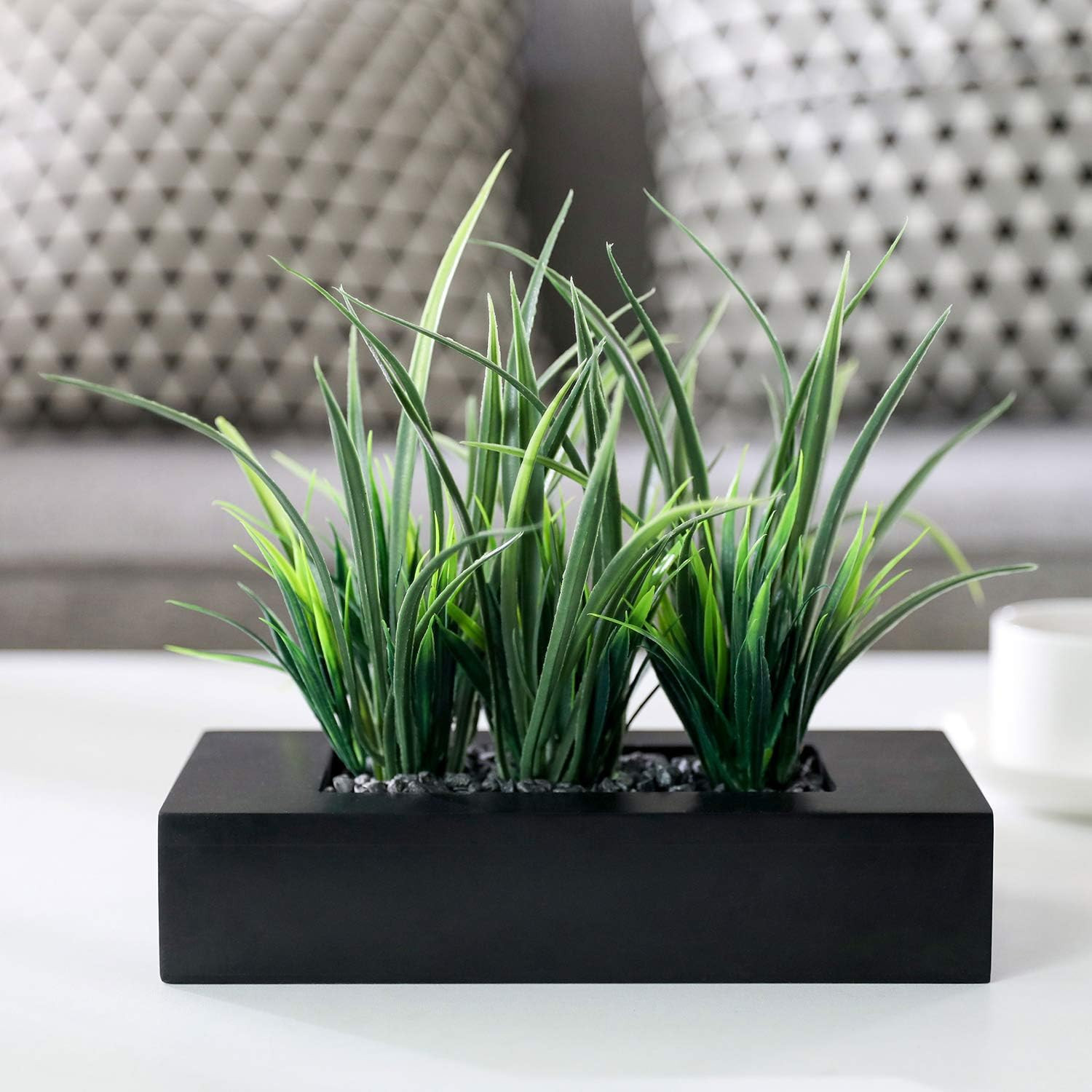 Artificial Green Grass Plants Potted in 9-Inch Matte Black Wood Decorative Plant
