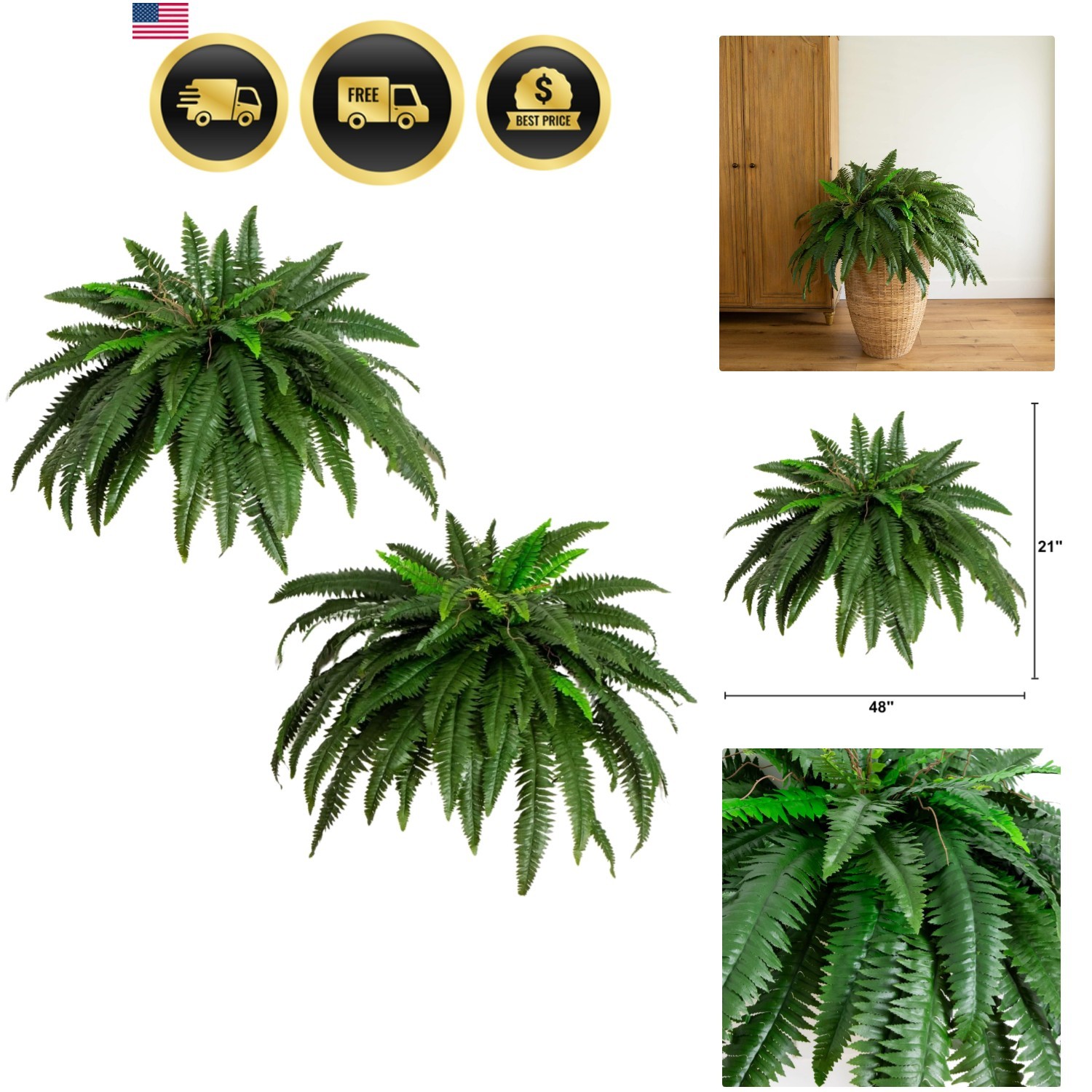 48in Artificial Boston Fern Set of 2, Large Faux Greenery with 67 Lifelike Fr…