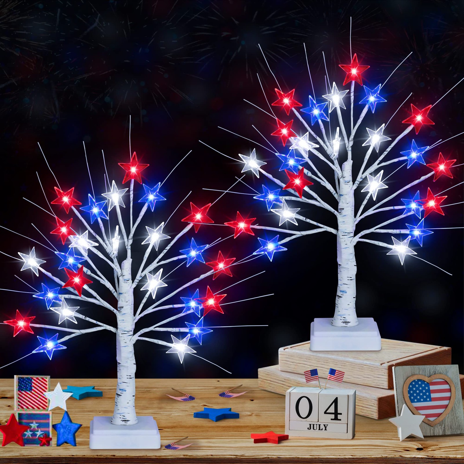 [Timer] 2 Pack 18 Inch 4th of July Patriotic Decorations Tree Light with 24 L…