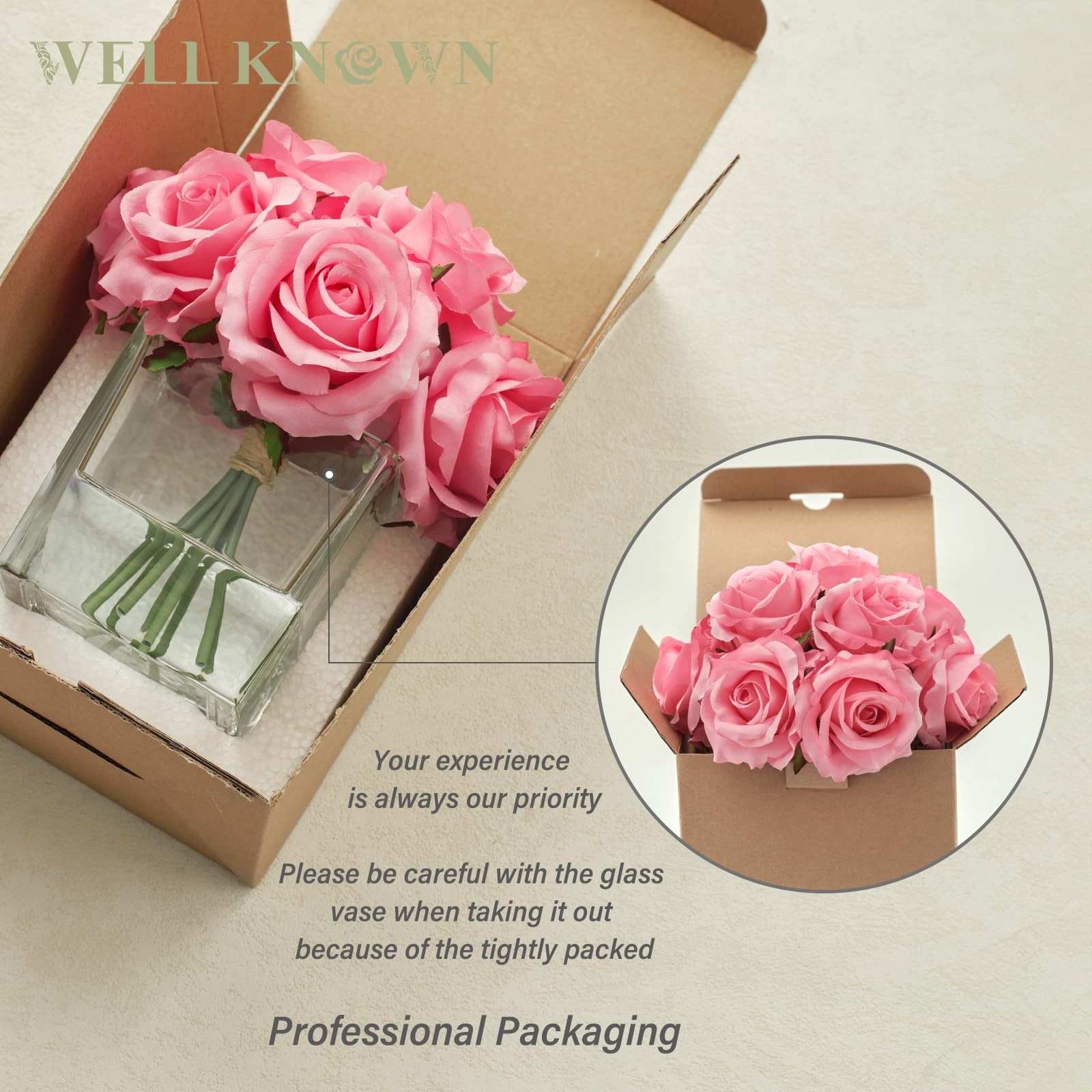 Pink Artificial Rose Flowers In Vase With Faux Water Silk Arrangement Decor