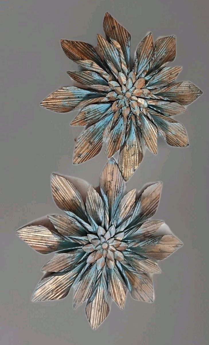 Metal 2 Pc 16″ Hanging Flowers with Rust/Gold/Teal Accents, Quality Textured