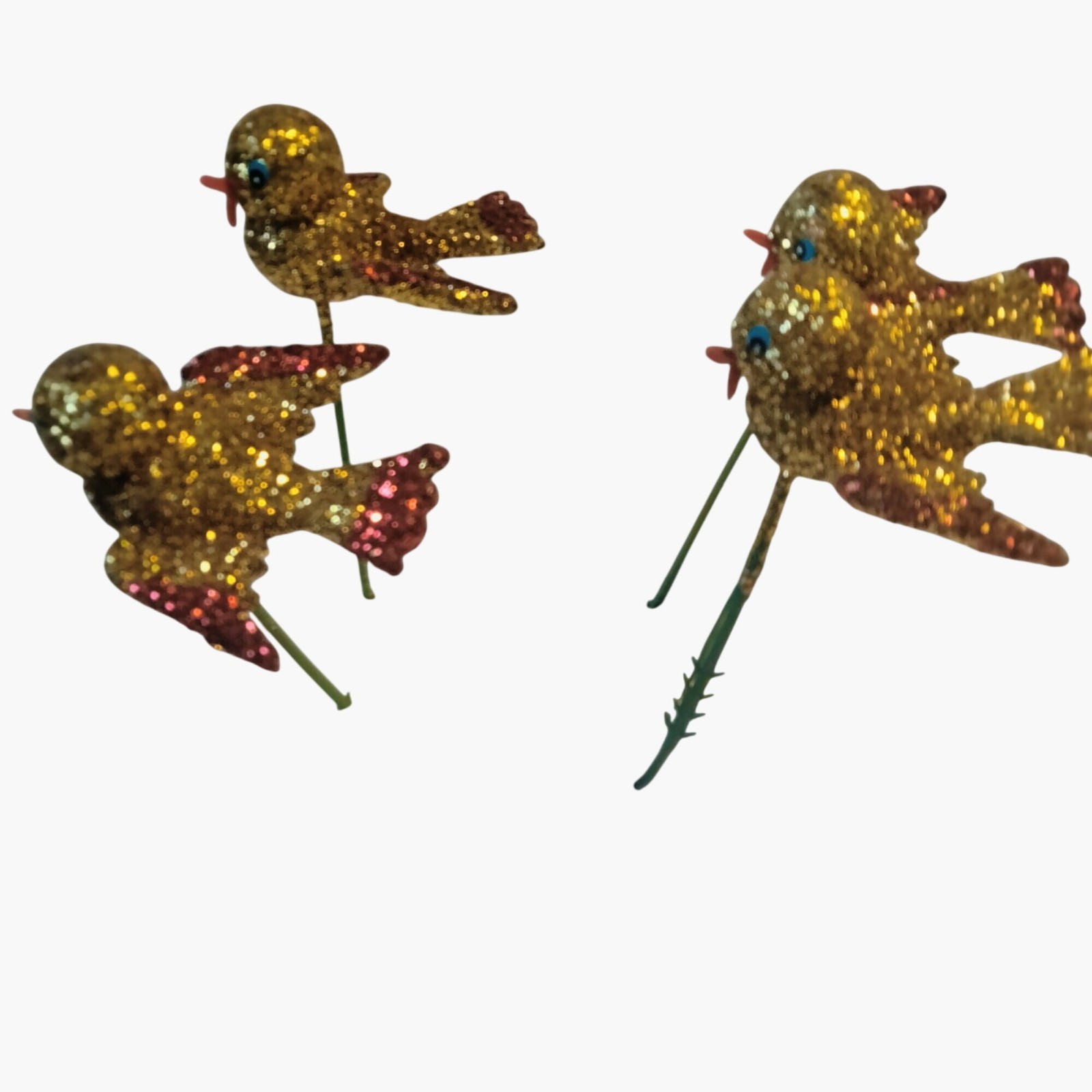Glitter Gold Bird Ornament Green Wire Stem Decoration Crafting Lot 4