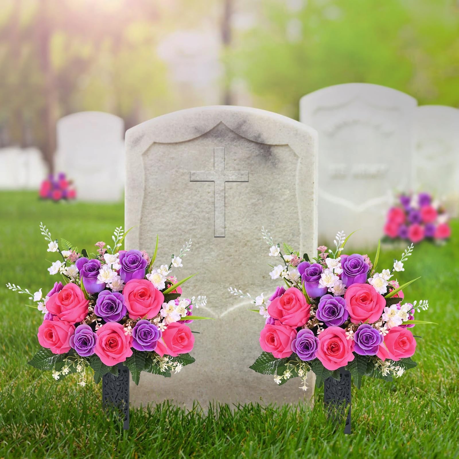 2 Sets Realistic Artificial Cemetery Flowers, UV Resistant Silk Roses with Vase