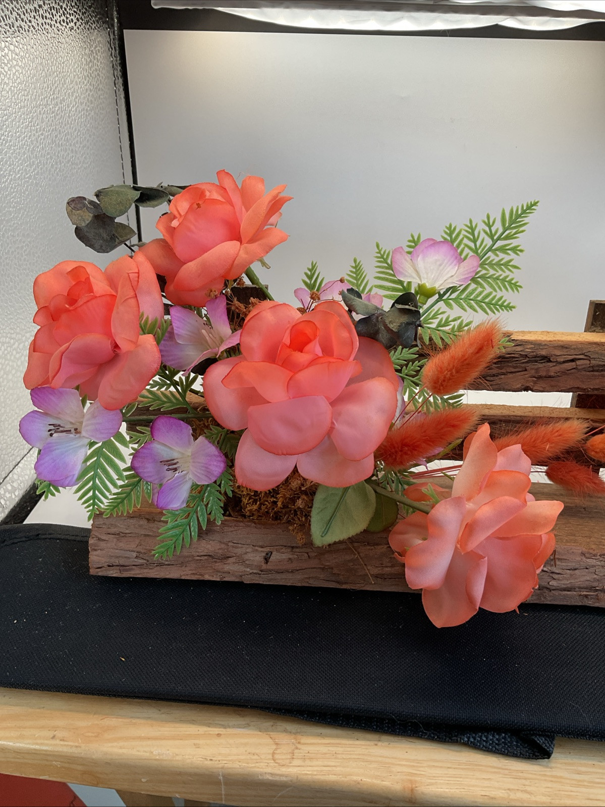 Floral Arrangement – Artificial Flowers Wooden Bench – 12”x 3.5”x 4.75”