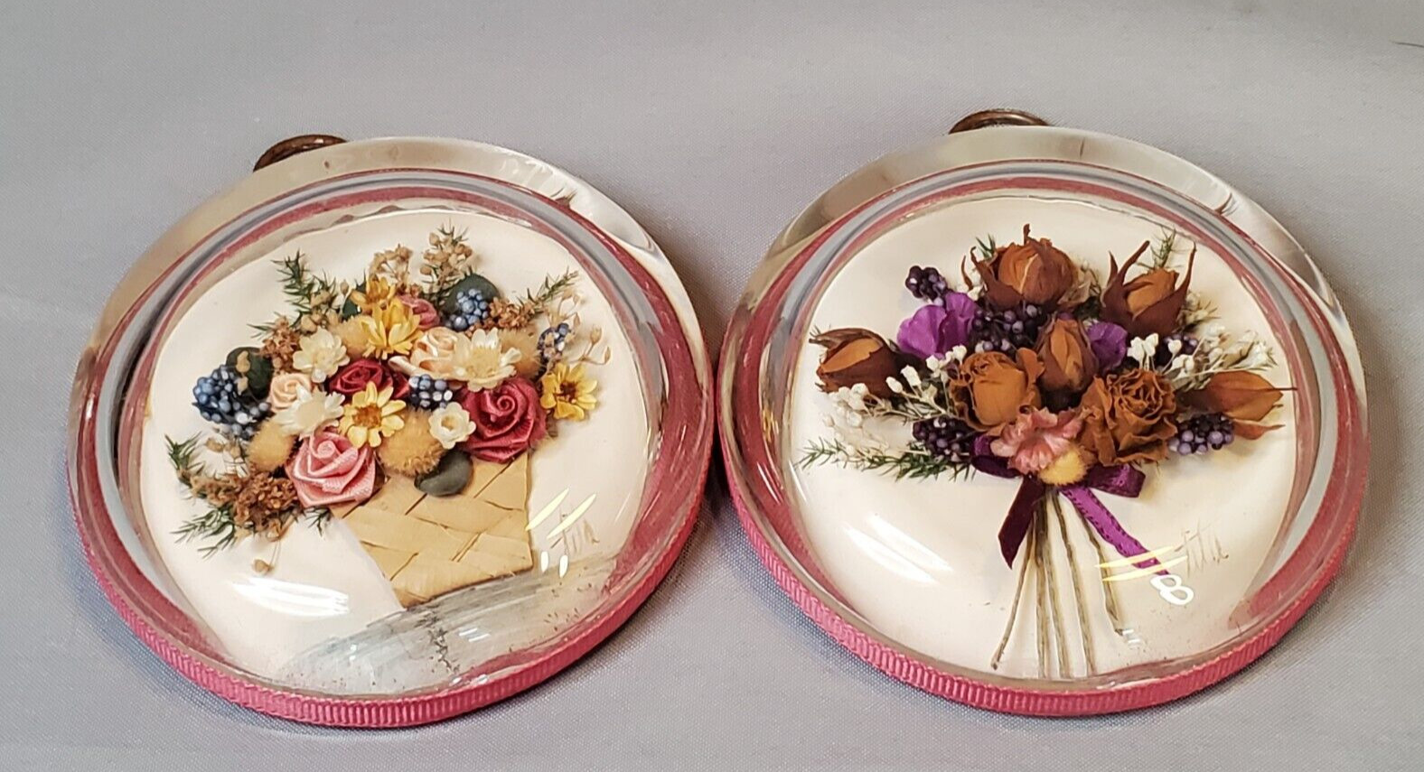 Convex Glass Bubble Dried Floral Silk Ribbon Floral Wall Art Shabby Elegance Set