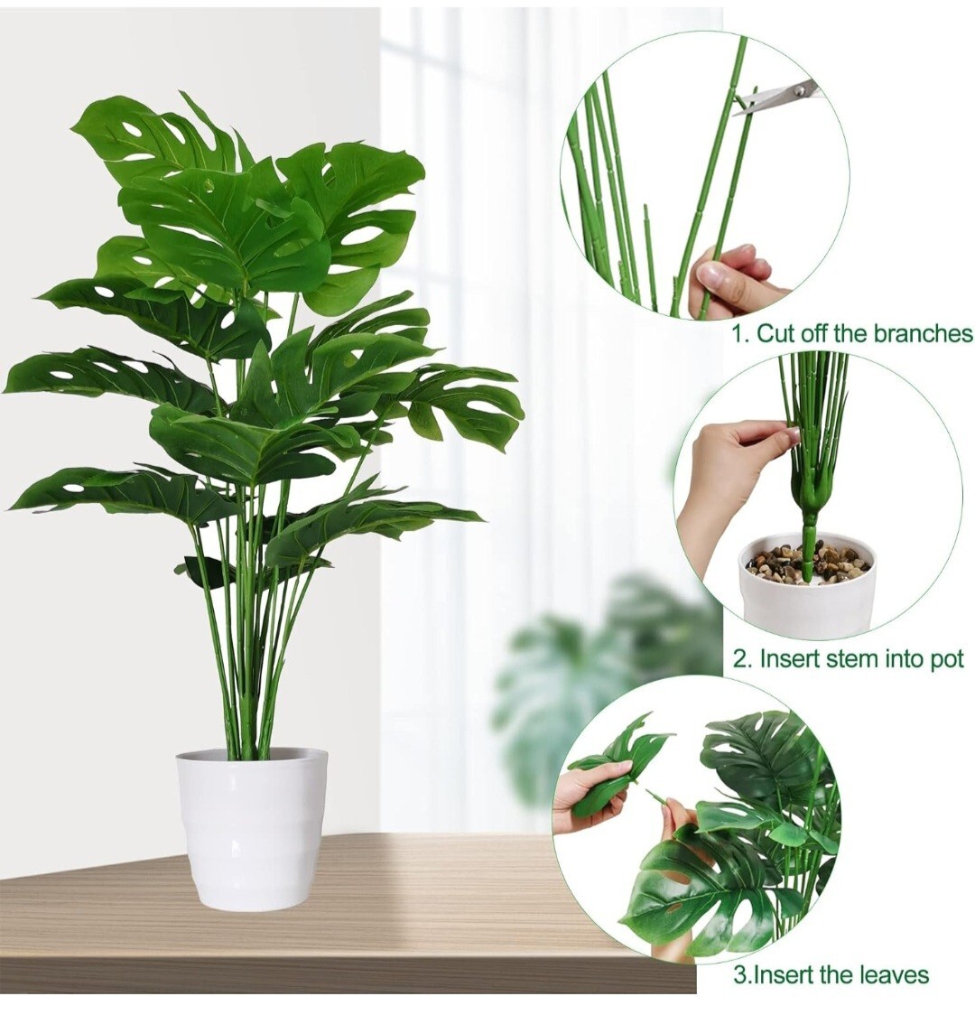 Set of 2 Artificial Monstera Deliciosa Plants in Pots, Fake Tropical Palm Tre…