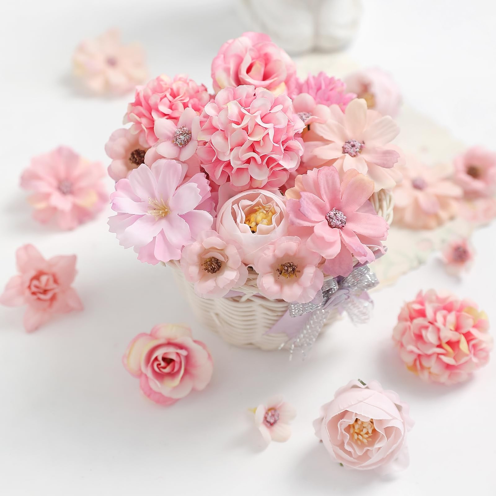 Faux Flower Heads Mini Pink Artificial Flower Heads Fake Peony Daisy Rose Flo…