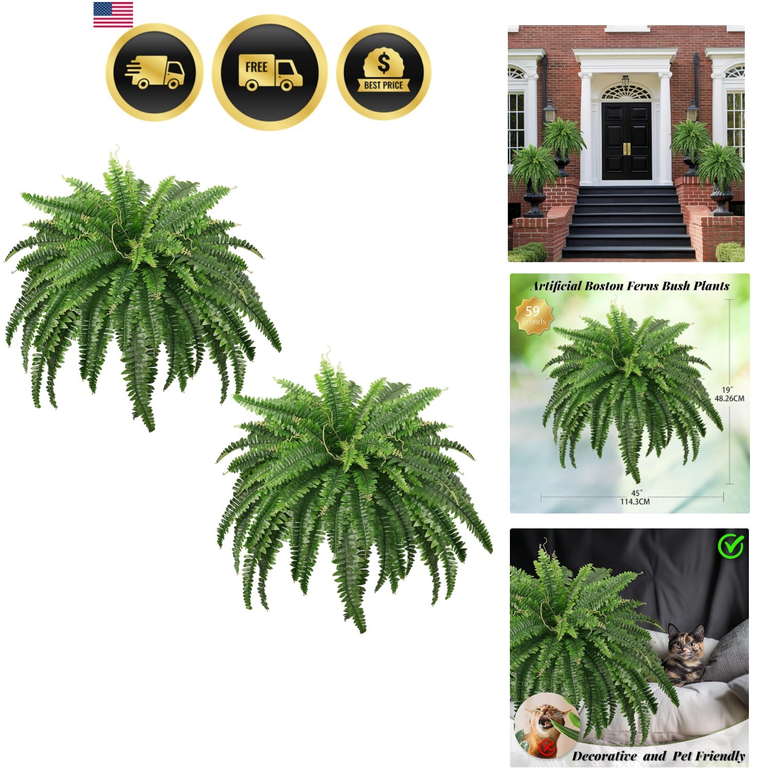 45″ Fake Ferns, Realistic Large Artificial Bush Plants, 2 Artificial Boston F…