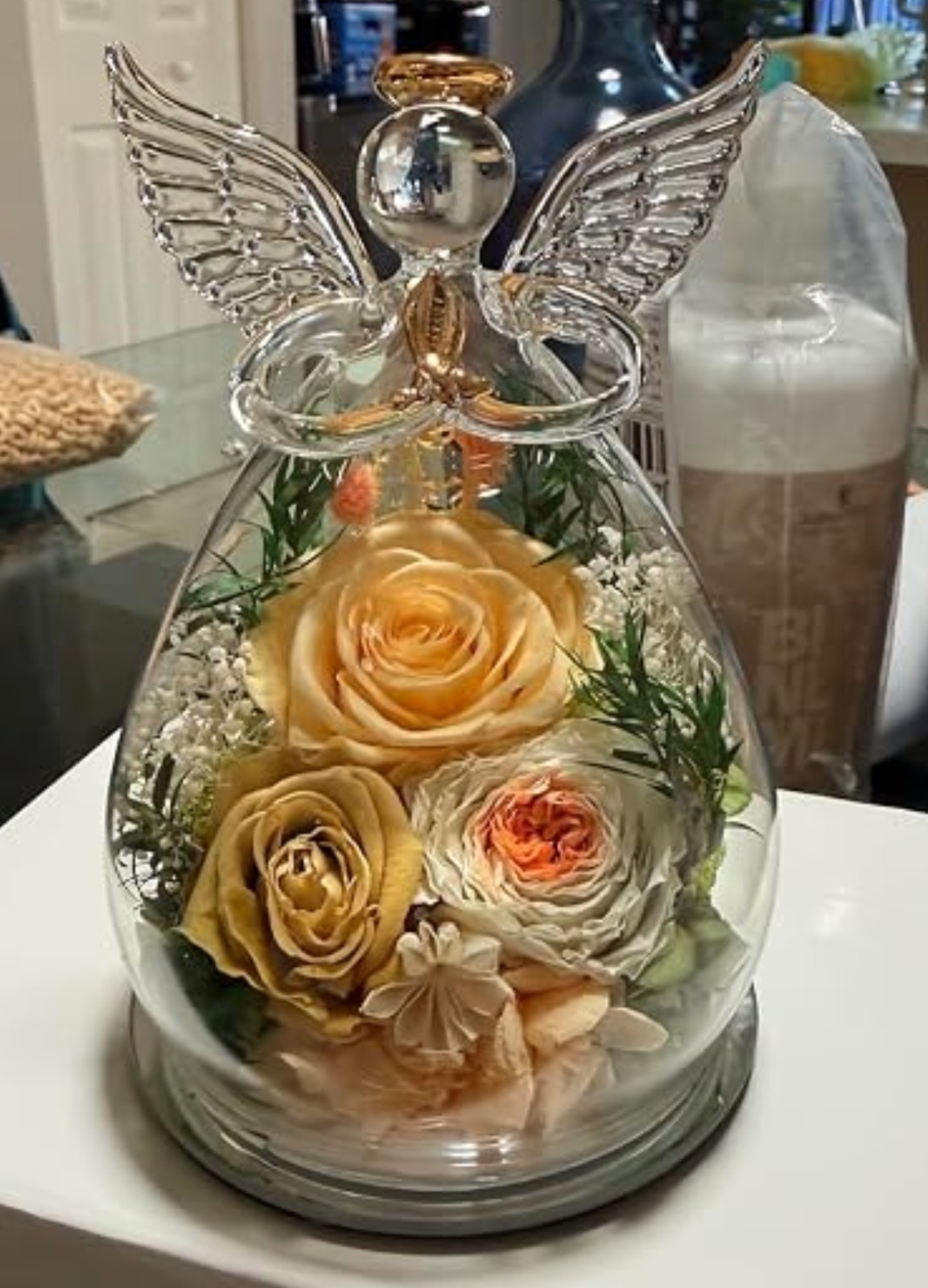 Preserved Rose in Glass Angel Figurine, Mothers Day Gifts for Mom/Wife/Grandma