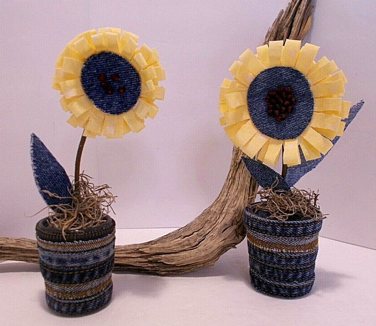 Fabric and Denim Sunflowers in Tiny Denim and Zipper Vases Set of 2 Handcrafted