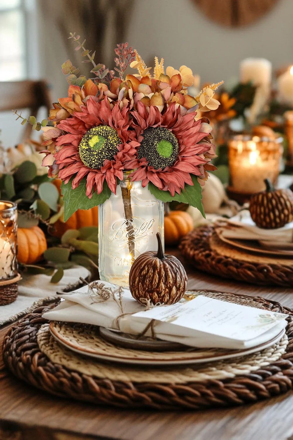 Silk Sunflowers Artificial Flowers with Mason Jar Centerpiece for Table Orang…
