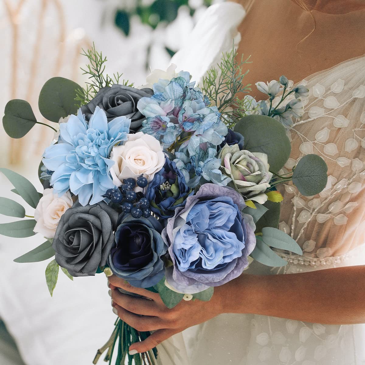 Floweroyal 36 Pcs Artificial Flowers Combo Dusty Blue Flowers Mix Silk Flower…