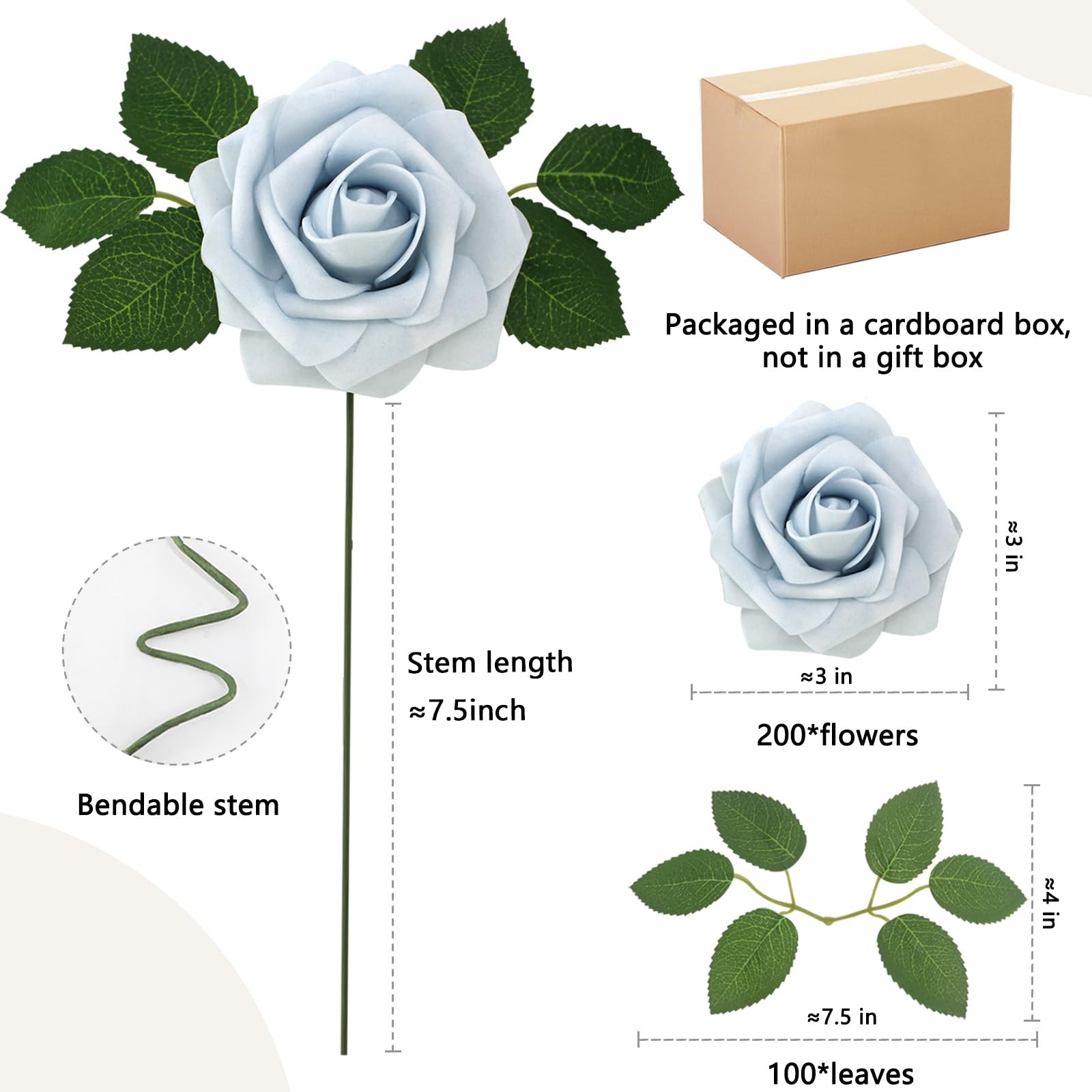 200PCS Blue Realistic Roses – Artificial Latex Foam Flowers with Bendable Ste…