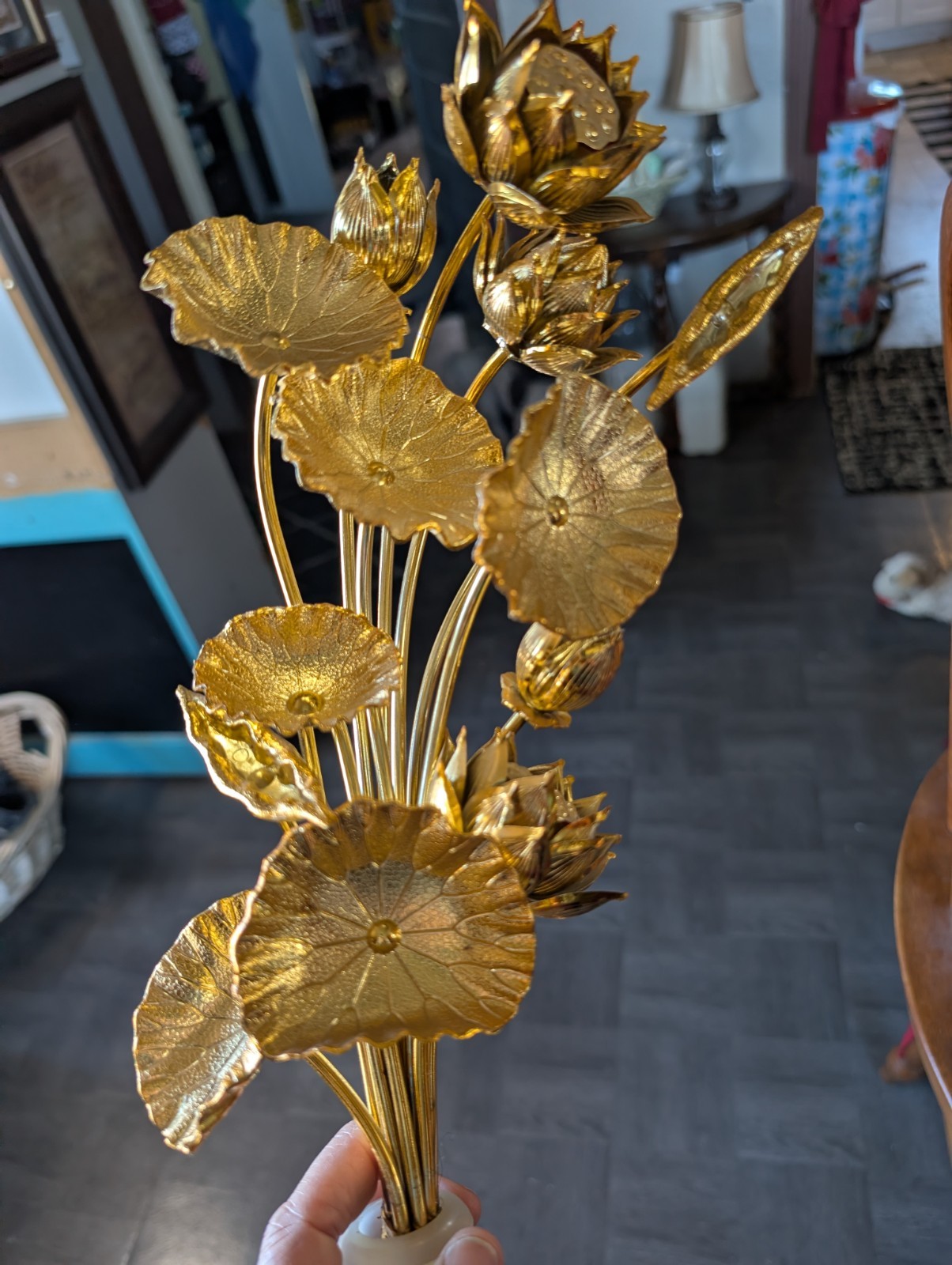 Gold Tone Metal Lotus Flower Altar Stems Set of 2 Buddhist
