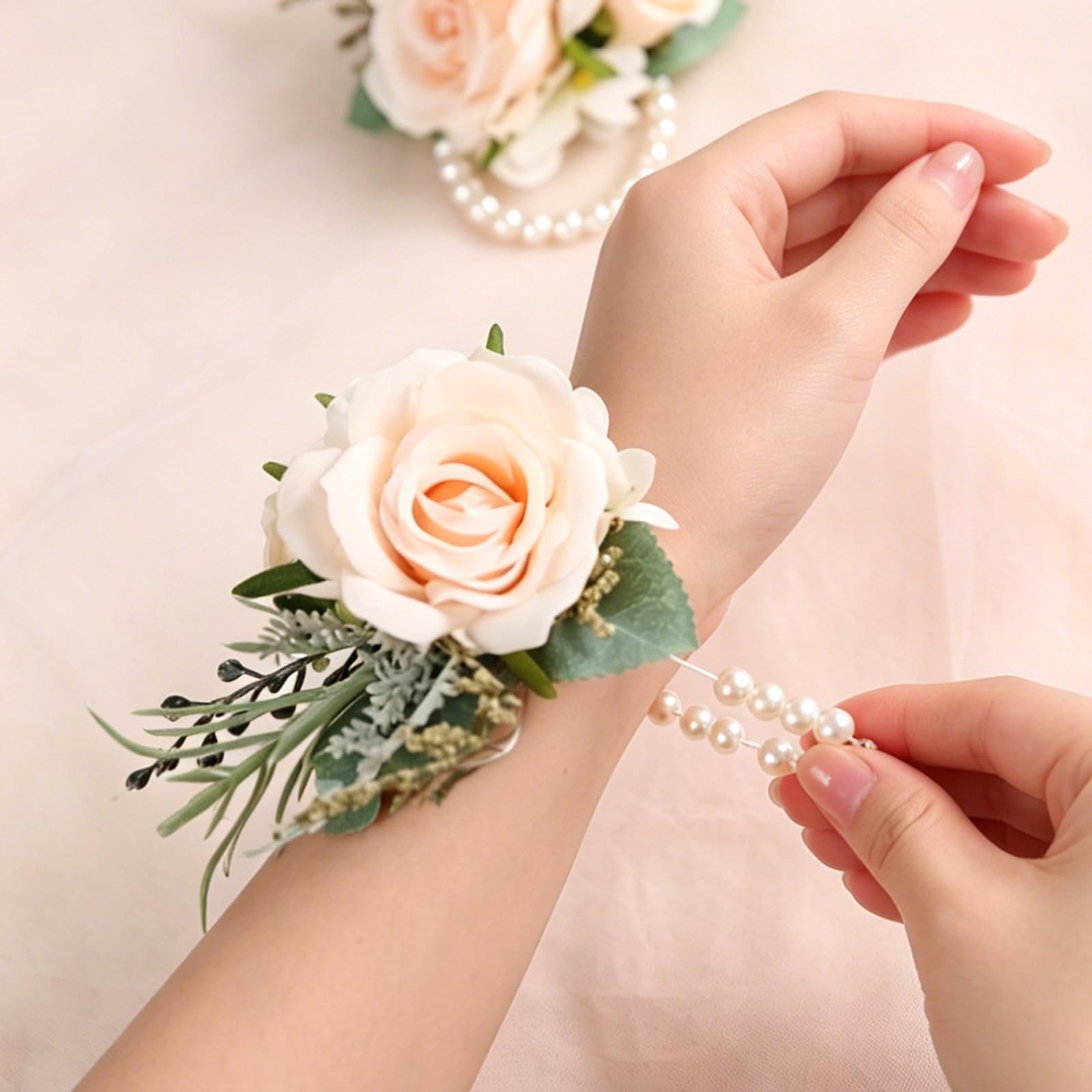 Champagne Faux Silk Rose Corsage and Boutonniere Set for Prom