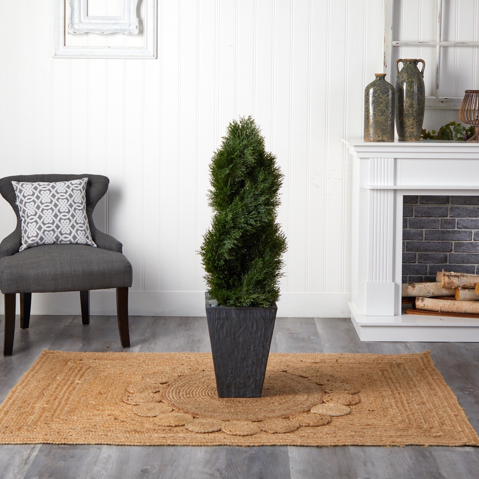 4’ Artificial Cedar Cypress Spiral Topiary Tree in Planter UV (Indoor/Outdoor).