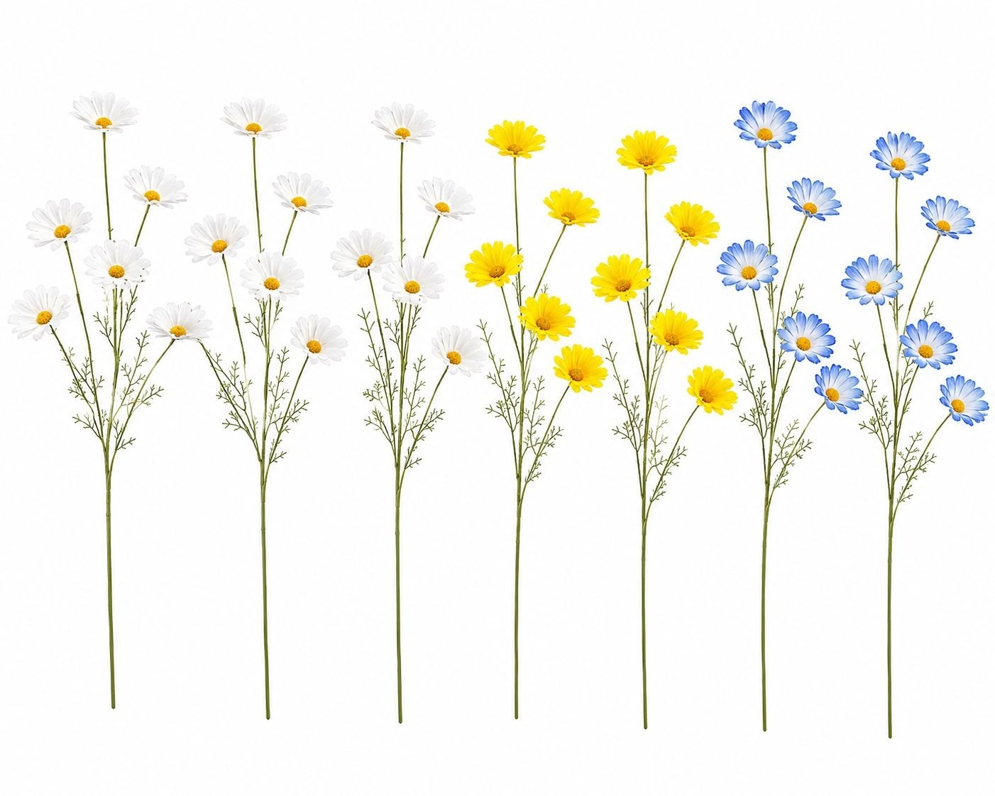 Mixed Color Artificial Daisy Stems Set of 7, Blue White Yellow Faux Silk Flowers