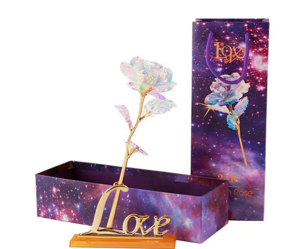 Galaxy Iridescent Rose + Stand Birthday Gift for Mom Wife Daughter