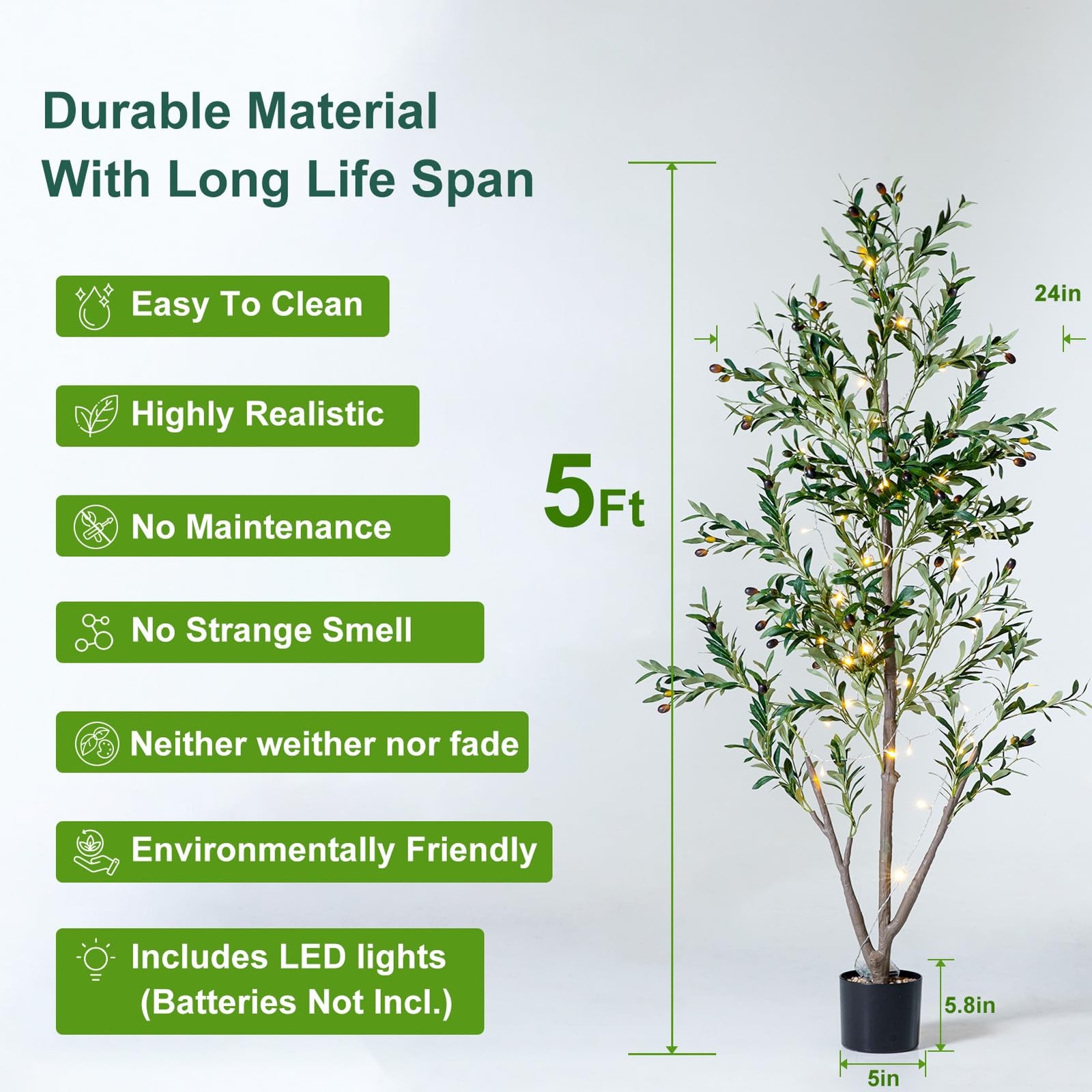 Olive Trees Artificial Indoor, 5FT Tall Faux Olive Tree with Lights Moss and …