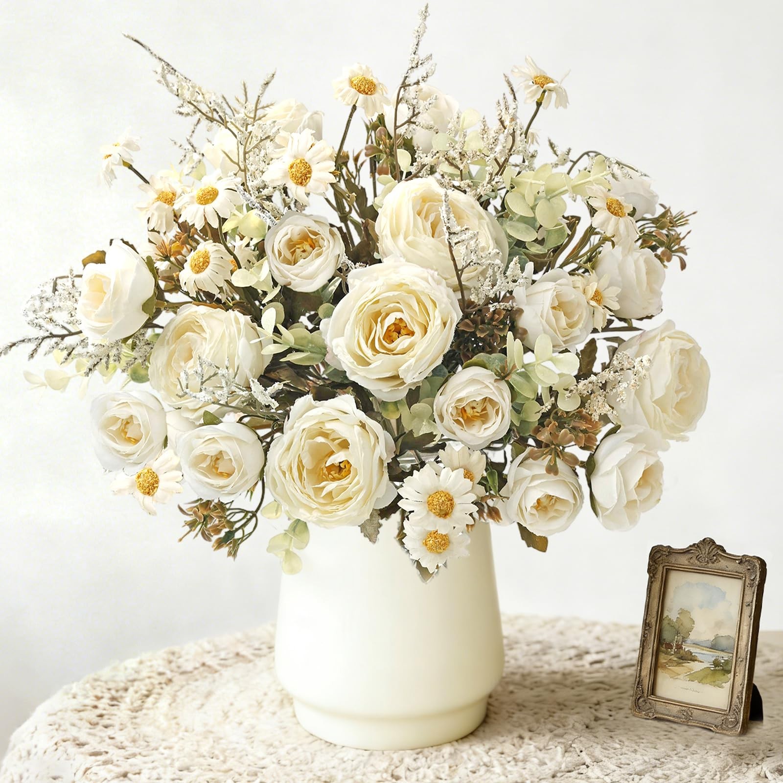Fake Roses Artificial Flowers 6 Pack White Roses Artificial Flowers for Decor…