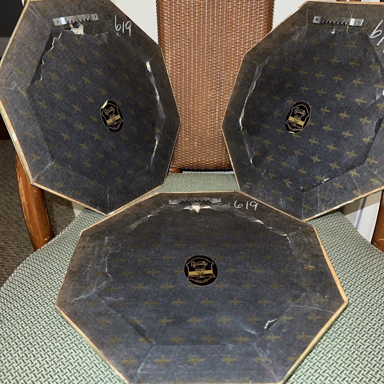 Set of 3 Beautiful Octagon Shaped Vintage Dried Flowers On Velvet Backing