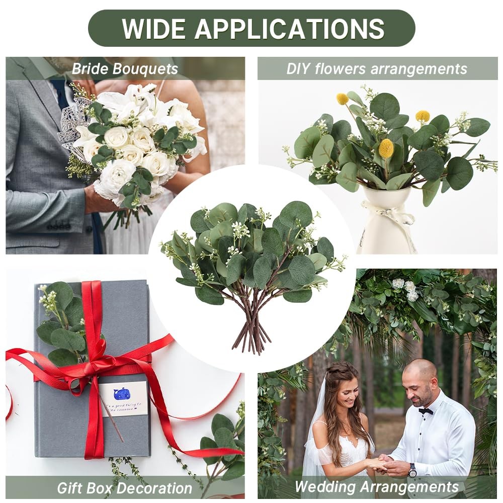 12pcs Mixed Artificial Eucalyptus Leaves Stems with White Seeds, White Flower…