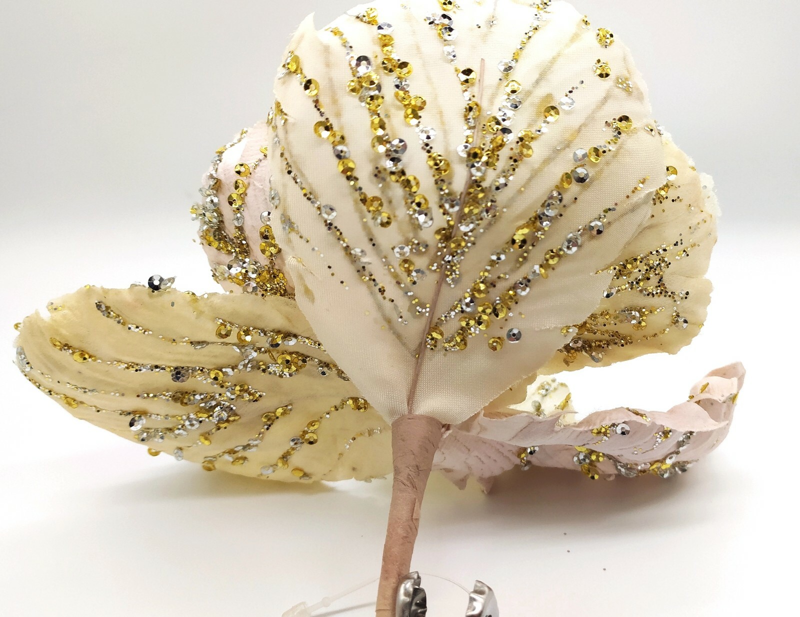 F011 Cream Hibiscus Glittered Clip On Christmas Decoration Artificial Flower