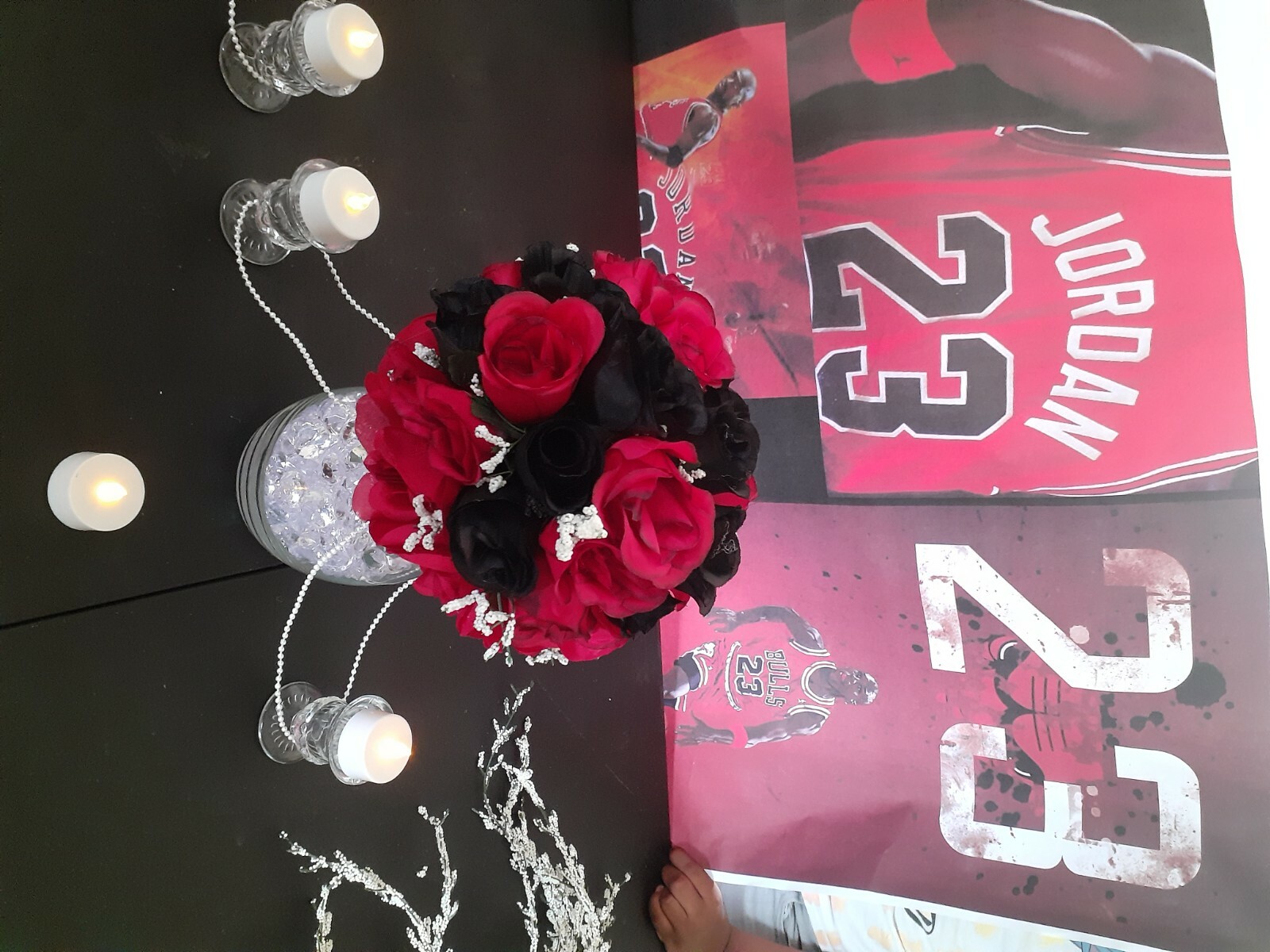 Black and red roses centerpiece 