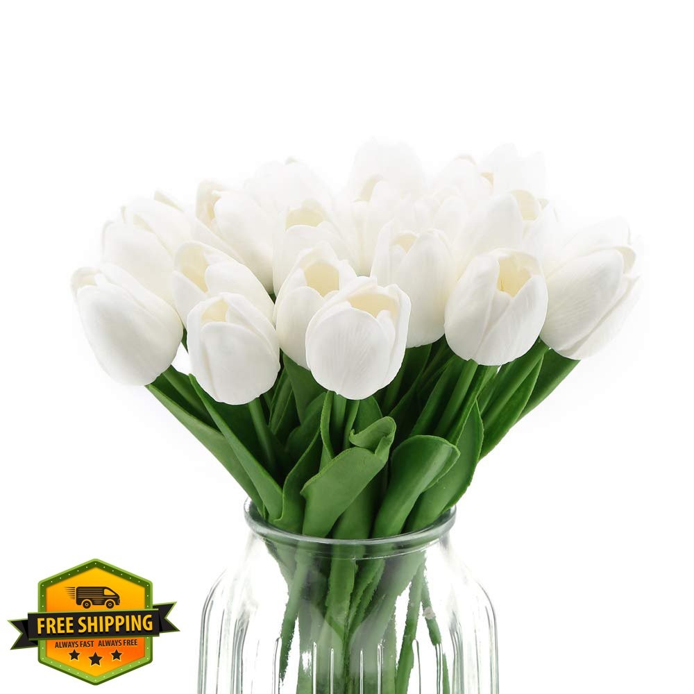 IPOPU 24pc White Tulips Real Touch Artificial Flowers Wedding Table Decor