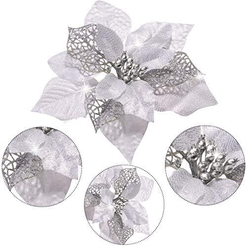 36 Pieces Christmas Poinsettia Glitter Faux Flowers Christmas Silver