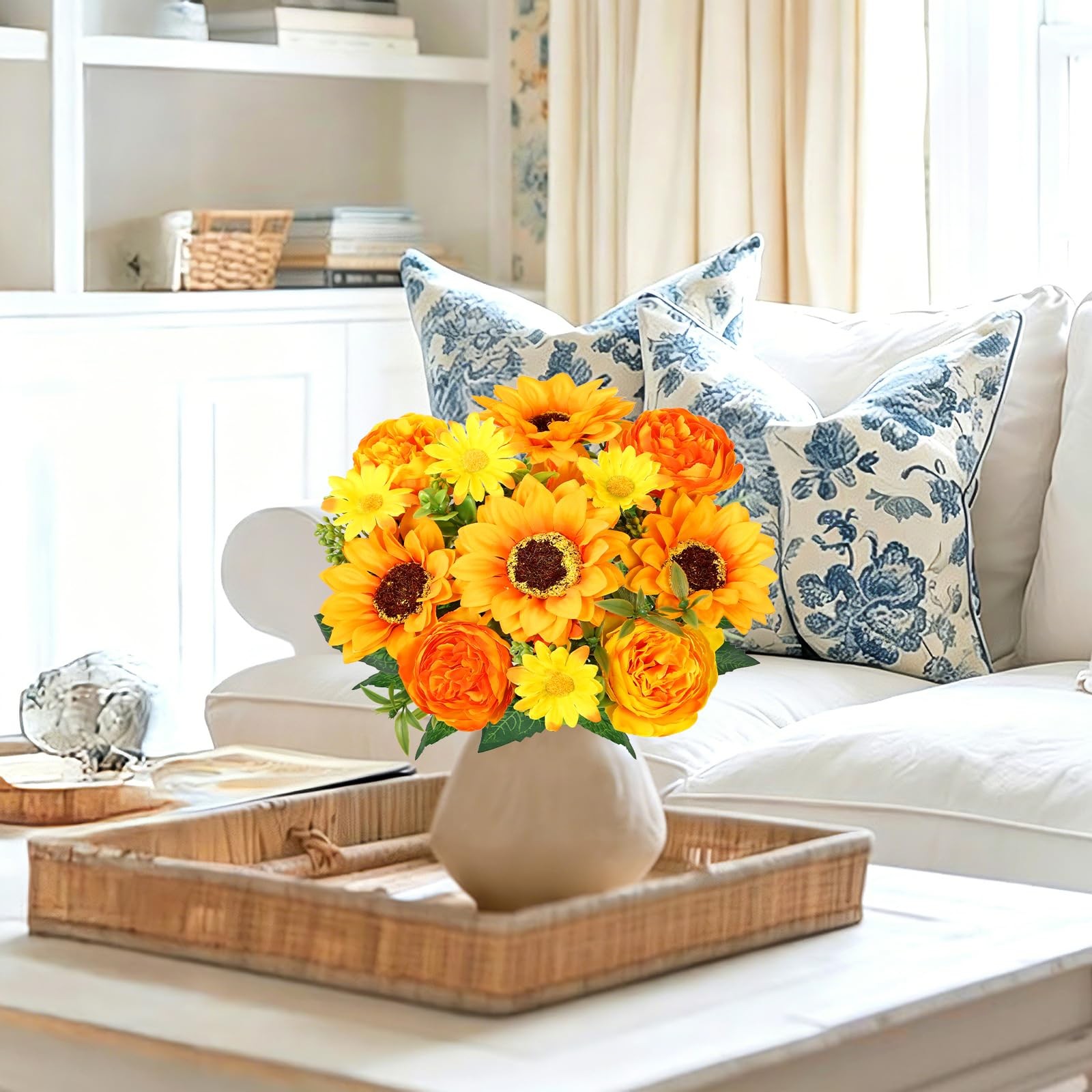 2 PCS Artificial Sunflower Peony Fake Flower Arrangement Vase Bouquet