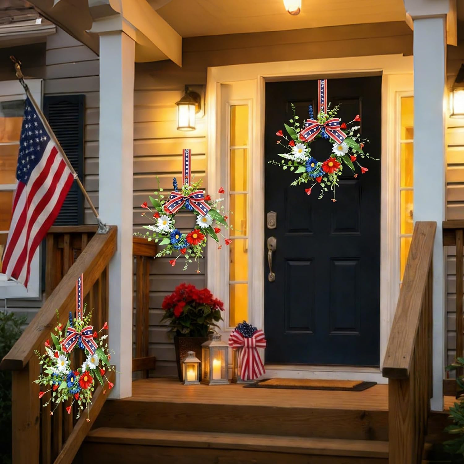 4 PCS Patriotic American Candle Rings Wreaths Artificial 4th of July Floral Cand