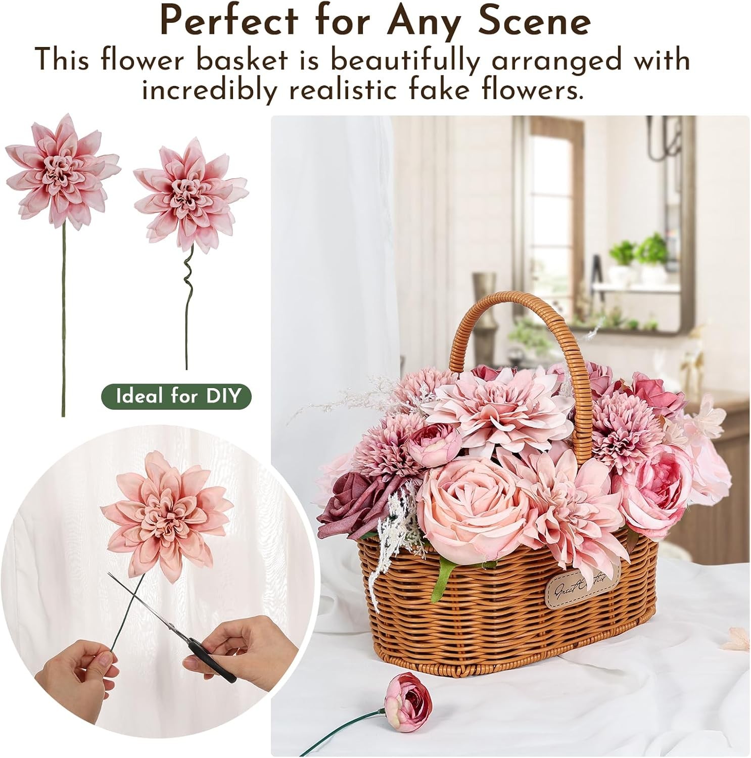 Artificial Flowers Dusty Pink Silk Roses, Fake Flowers for DIY Wedding Bouquets