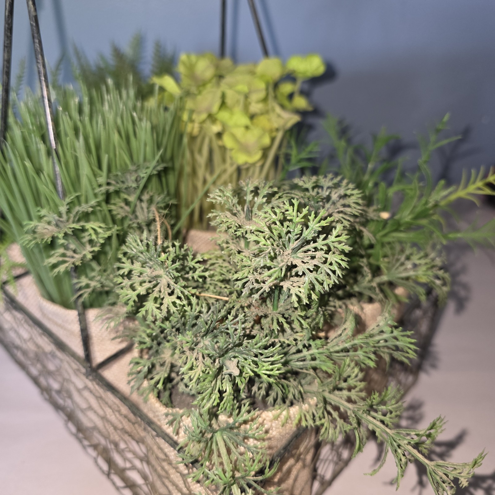 6 Artificial Plants In Burlap Containers In Metal Chicken Wire Carrier w Handle