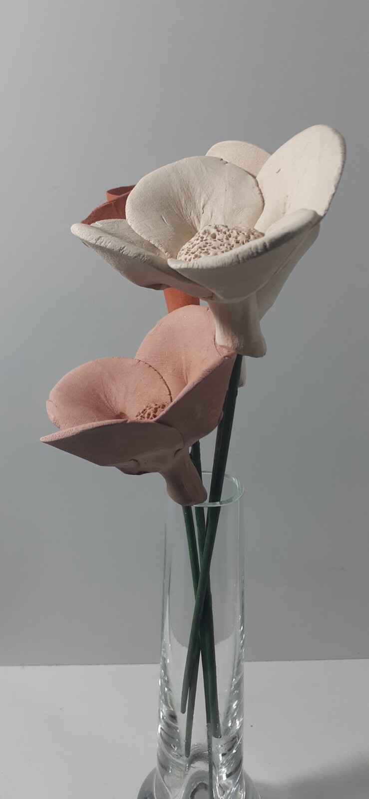 Vintage Capodimonte Handcrafted Porcelain Flowers Flexible Green Stem Clear Vase