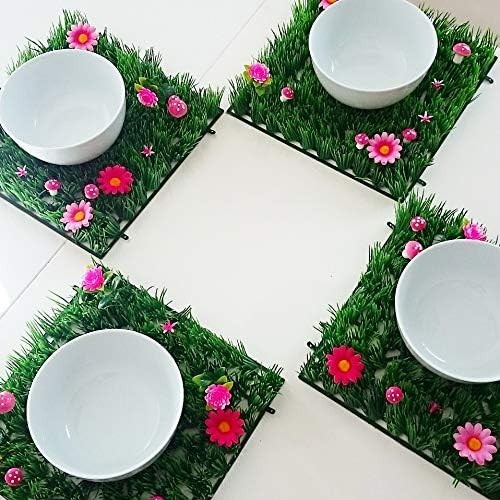 Artificial Grass Place Mat – Set of 4 Table Mats with Flowers