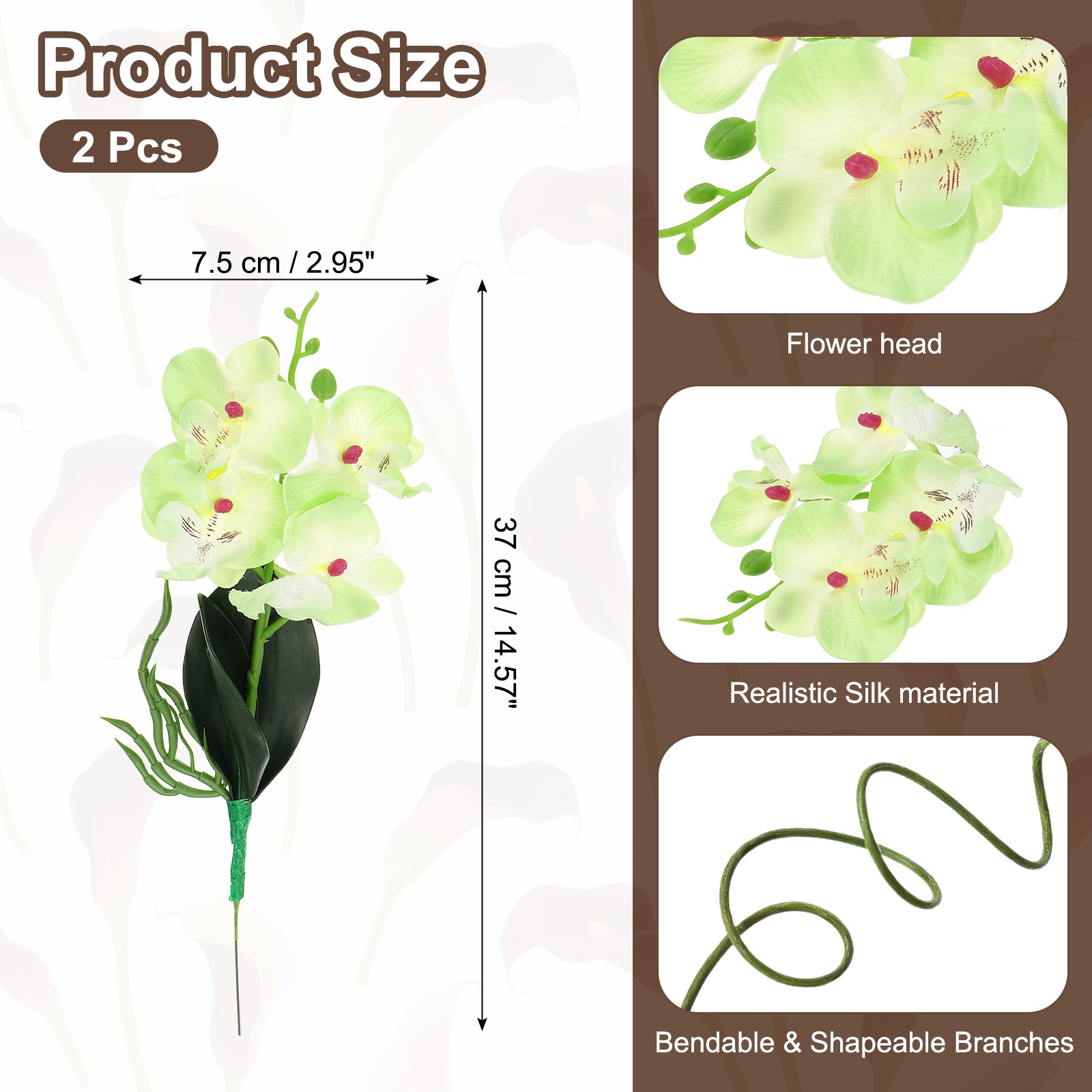 2 Pcs 11 Inch Artificial Phalaenopsis Fake Flowers Real Touch, Green